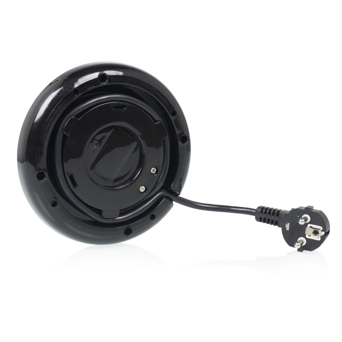 Schwarzer Wasserkocherfuß mit angebrachtem Kabel und Stecker, weißer Hintergrund.