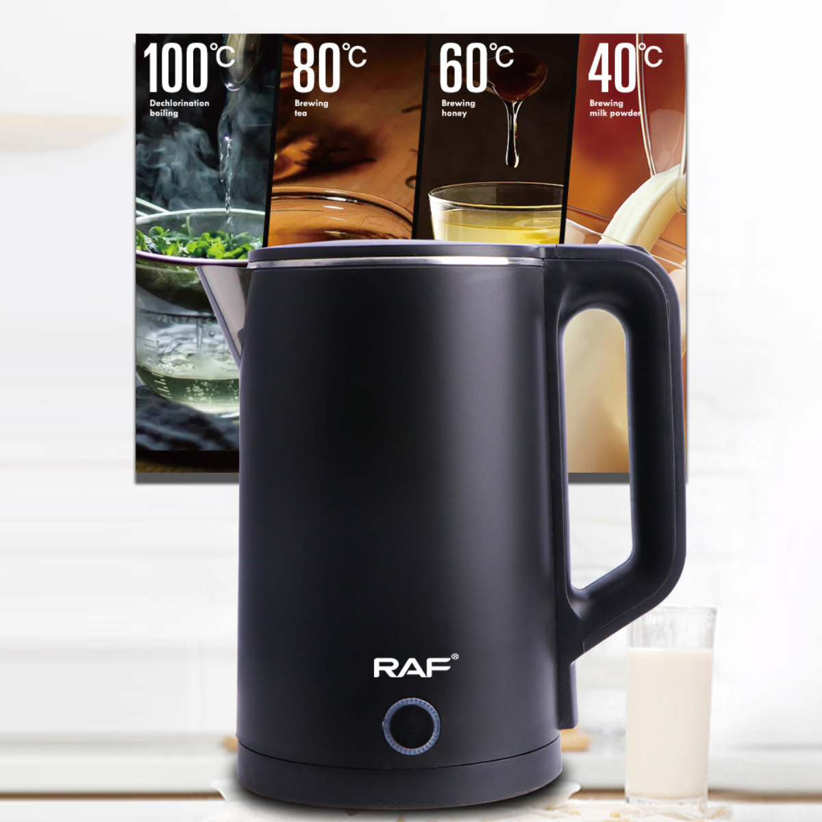Hervidor eléctrico negro con imagen de agua hirviendo, té, miel y leche.
