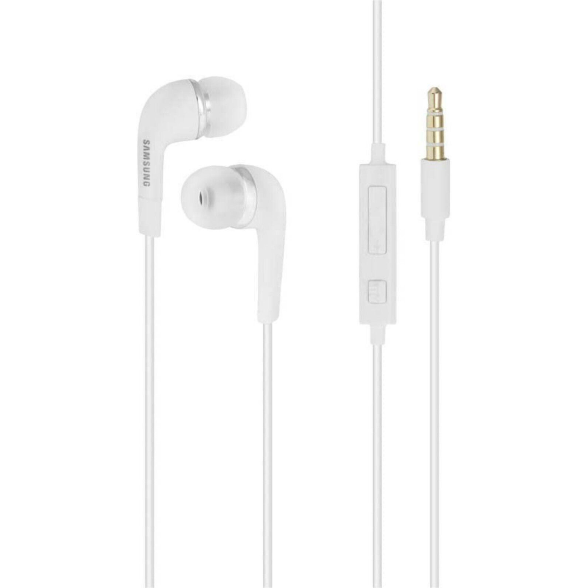 Auricolari bianchi con telecomando in linea e jack da 3,5 mm. Sfondo bianco.