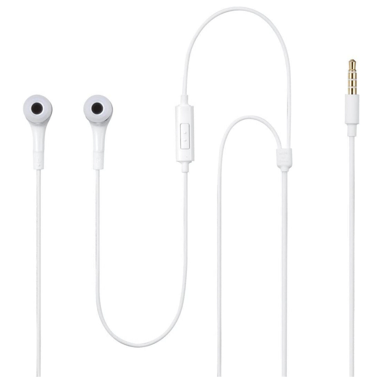 Auricolari bianchi con microfono e telecomando. Sfondo bianco.