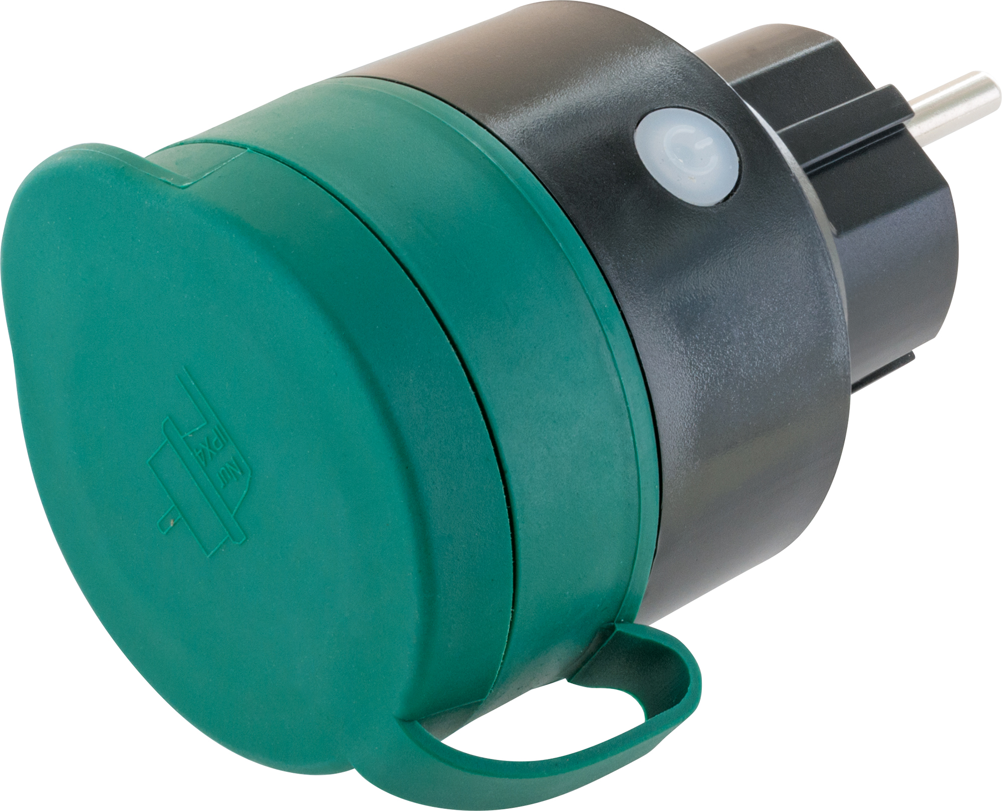 Grüner und schwarzer Elektroadapter mit Stecker. Er hat einen Knopf und eine Schutzkappe.