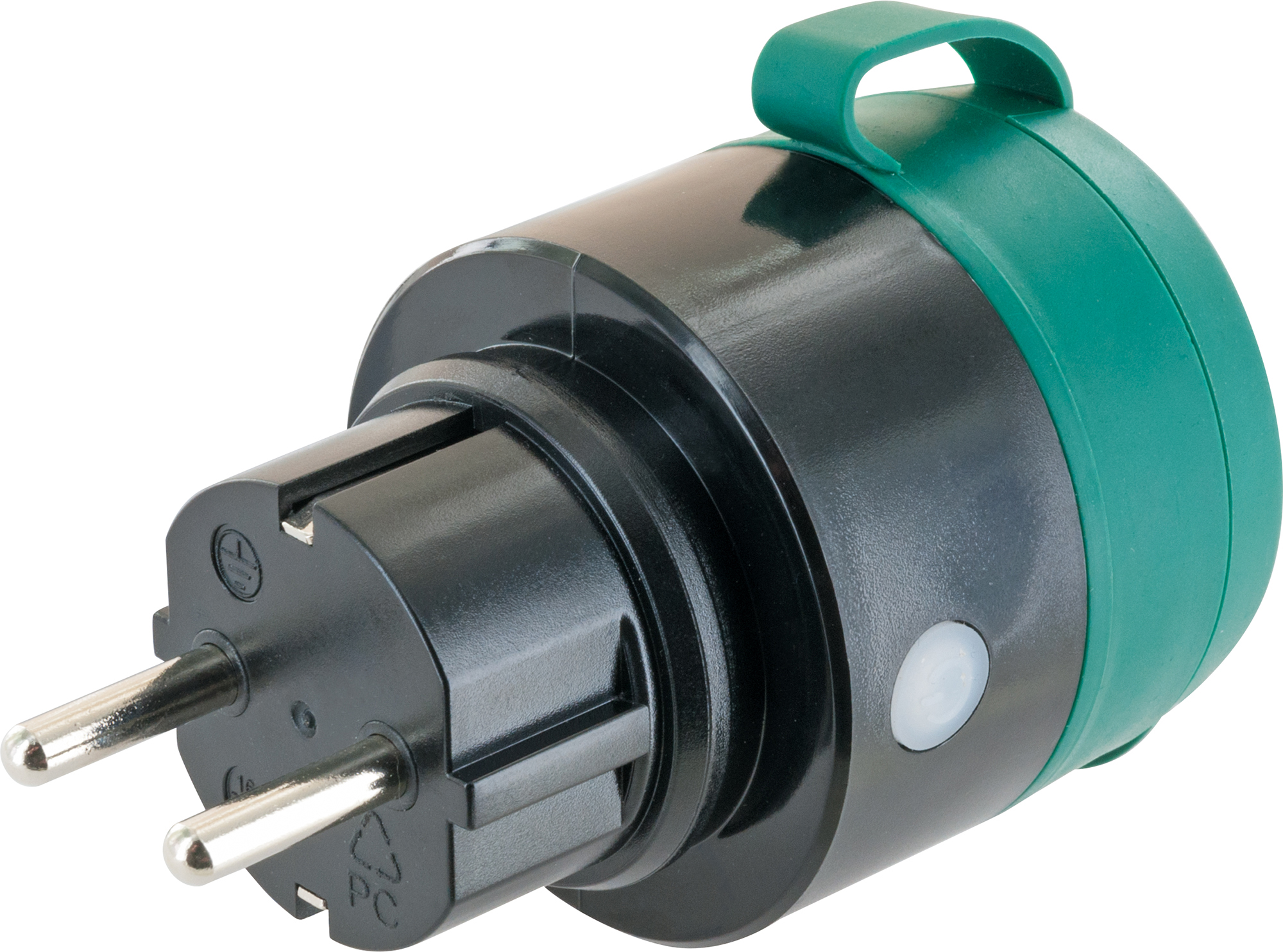 Schwarzer und grüner Elektroadapter. Er hat zwei Stifte und einen grünen Griff oben.