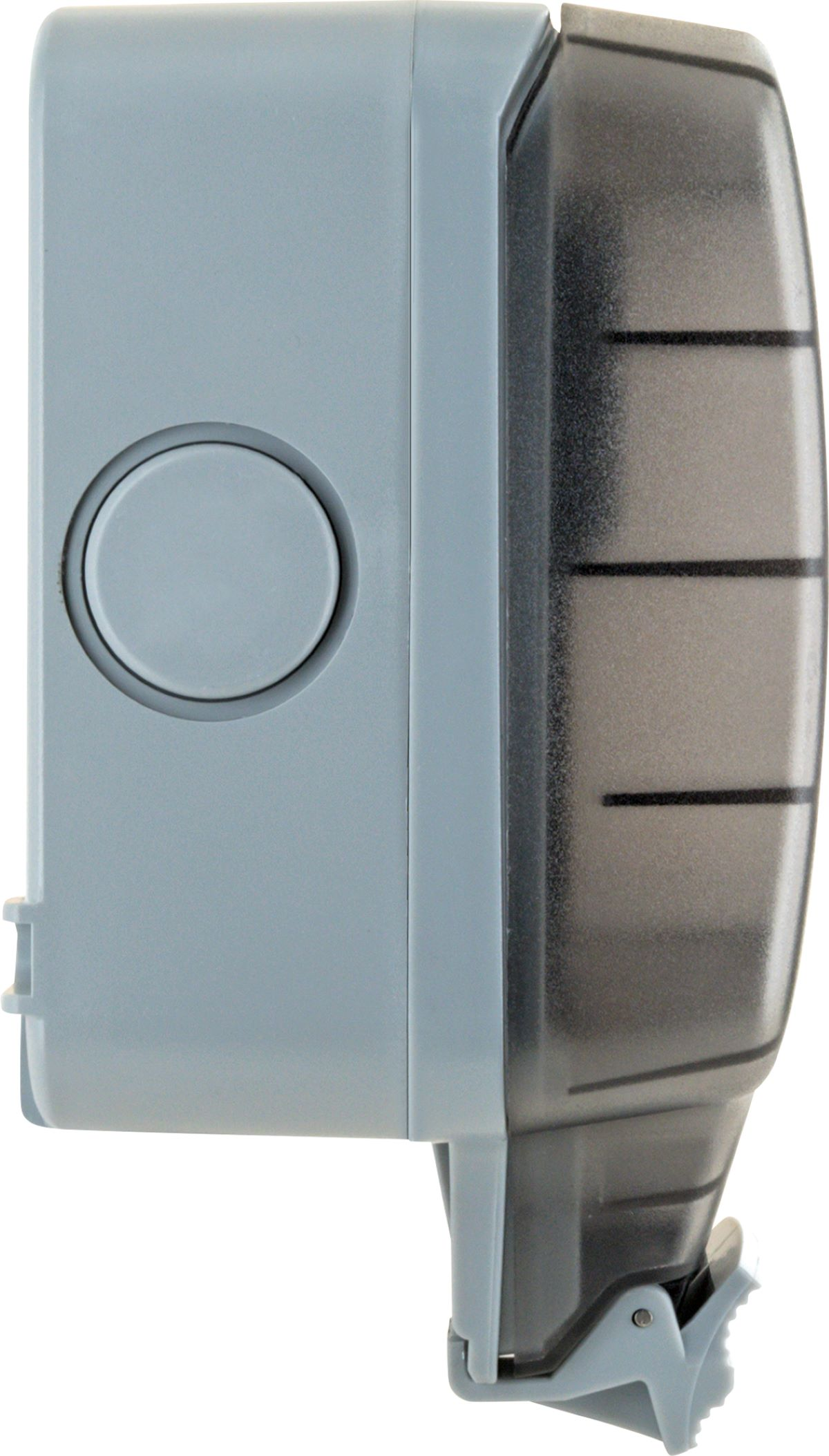 Eine graue Elektrobox mit rundem Knopf und transparentem Deckel.