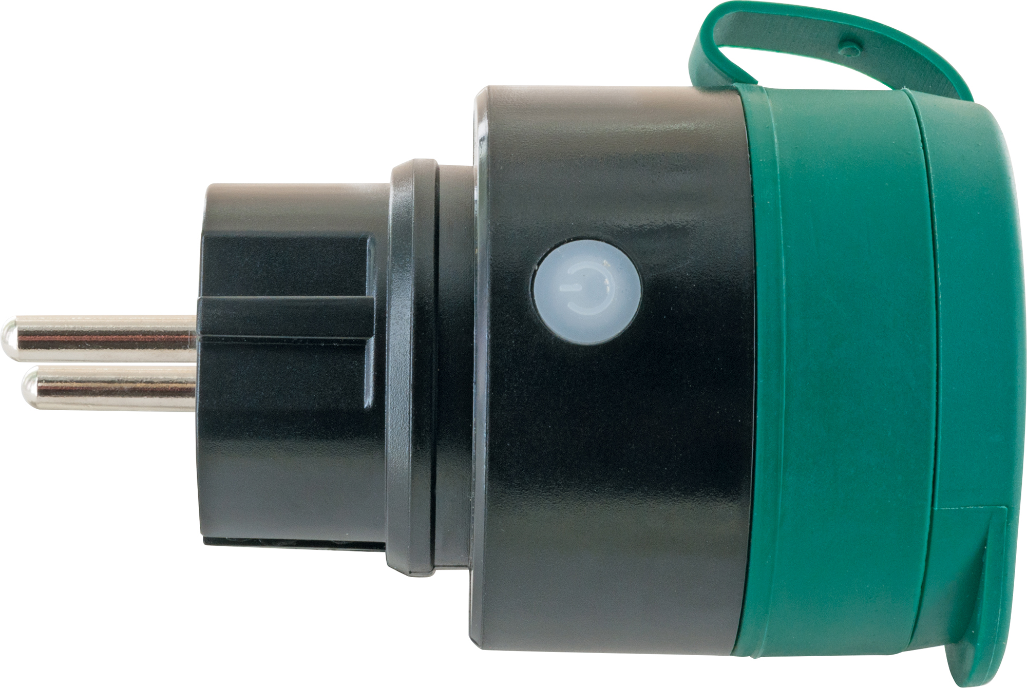 Ein schwarzer und grüner Stecker. Er hat eine leuchtende Taste und silberne Stifte.