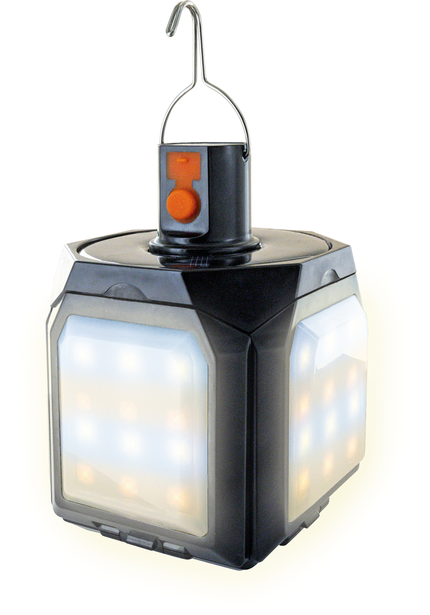 Schwarz-weiße Campinglaterne mit Solarpanelen, einem Griff und einer orangefarbenen Taste oben.