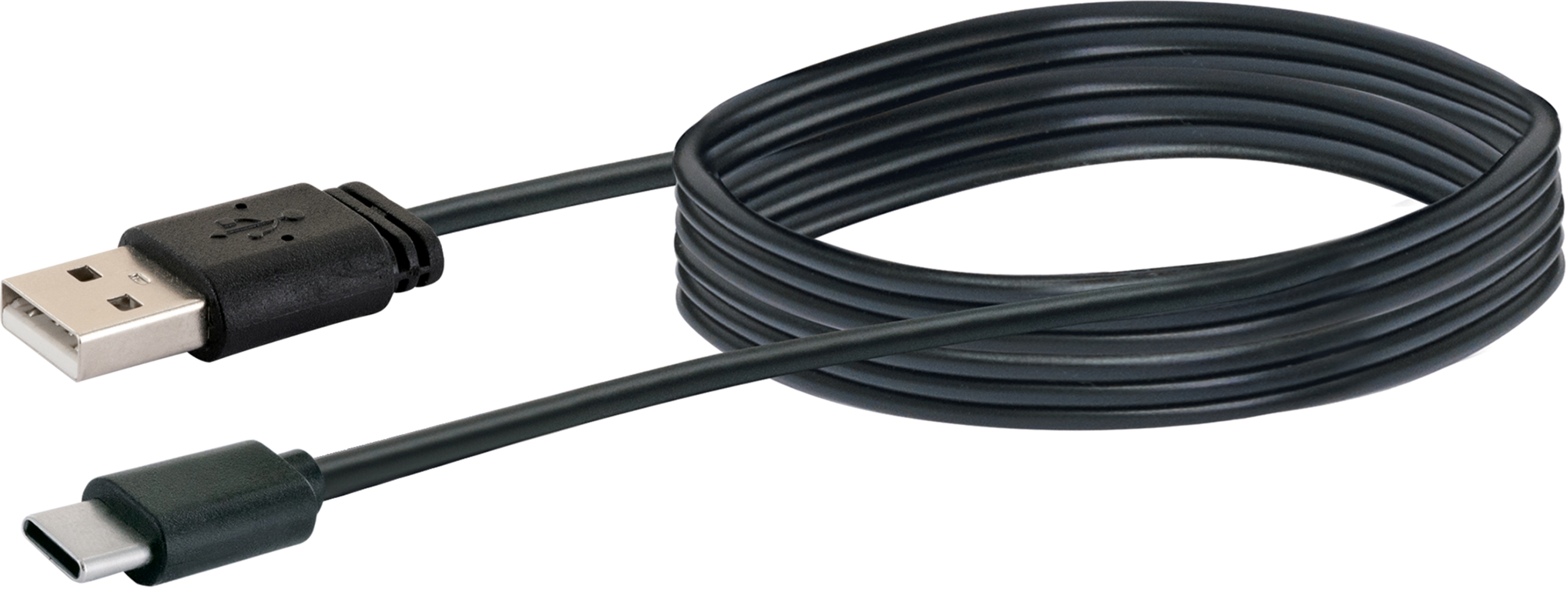Ein schwarzes USB-zu-USB-C-Kabel, aufgerollt. Die Anschlüsse befinden sich an beiden Enden.