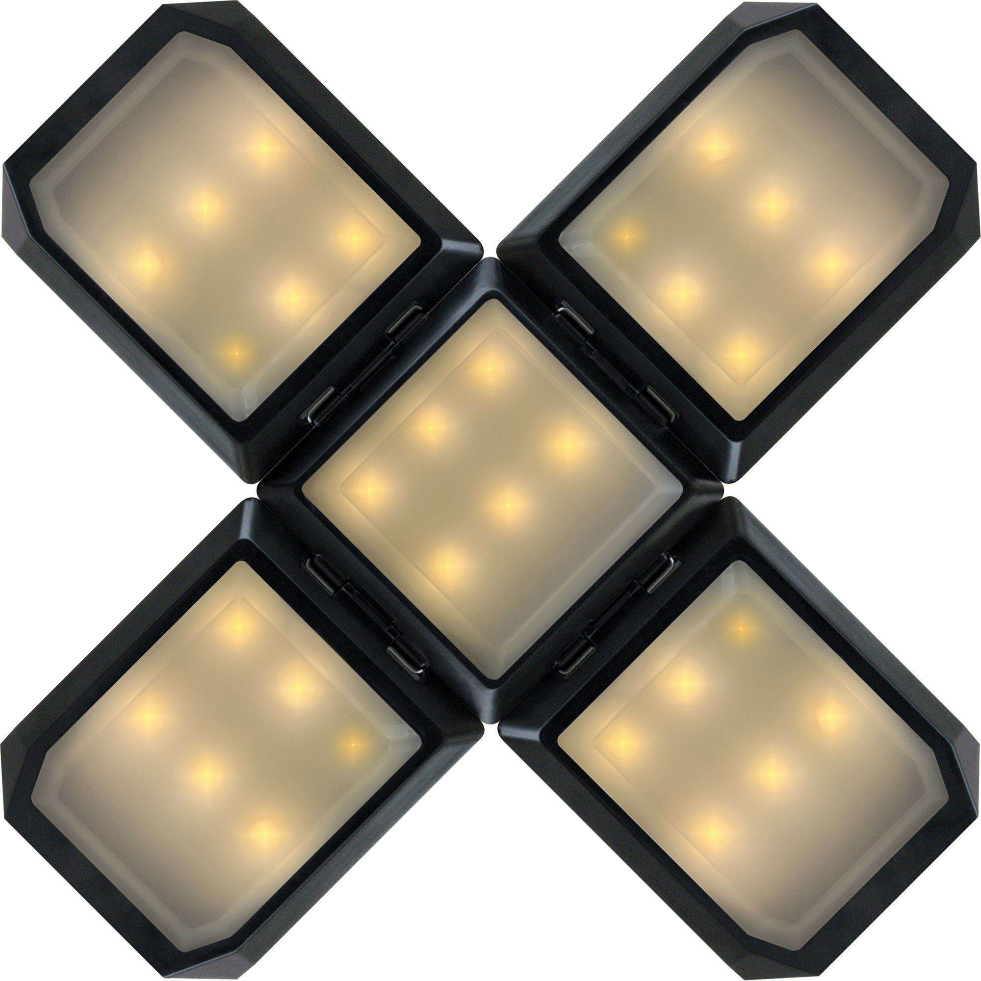 Vier verbundene quadratische Lichter, kreuzförmig angeordnet, leuchtend.