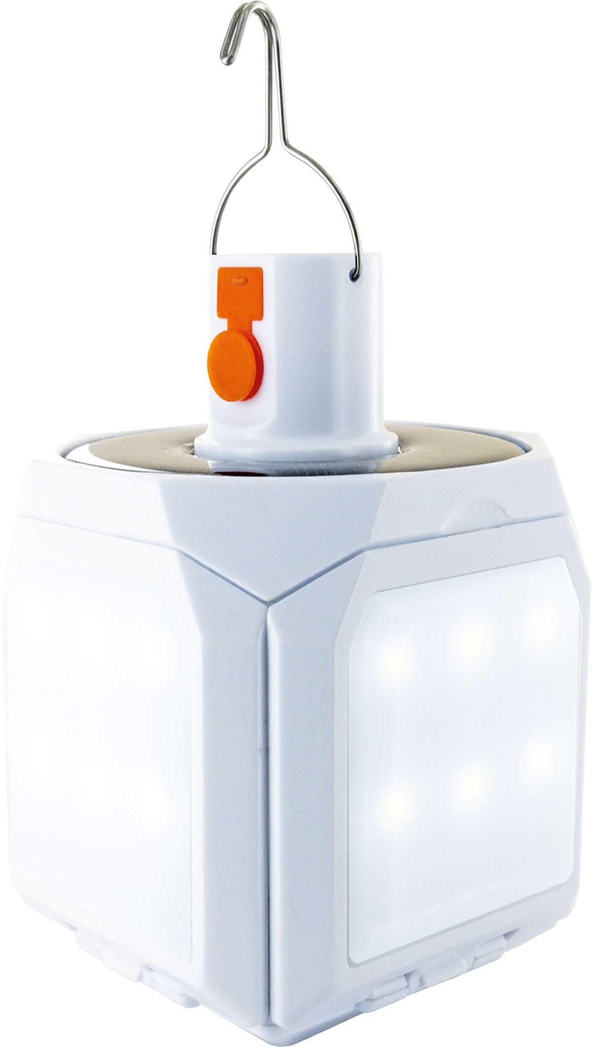 Weiße solarbetriebene Laterne mit Griff und orangefarbenem Knopf, auf weißem Hintergrund.