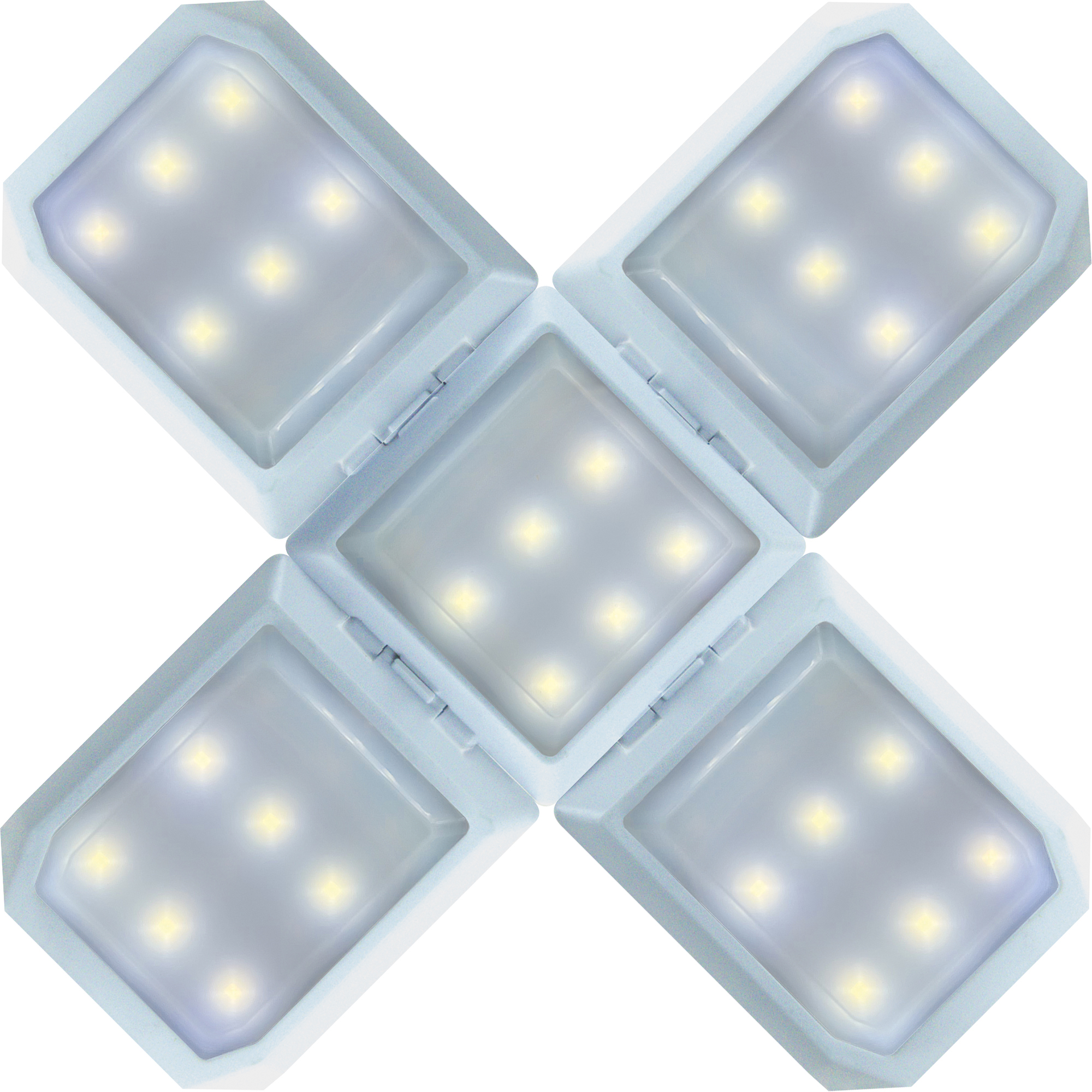 Fünf weiße quadratische LED-Leuchten in Kreuzform angeordnet.