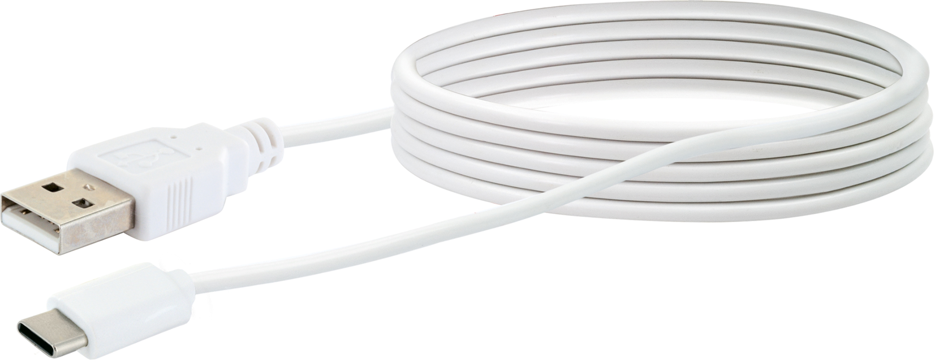 Ein weißes USB-Kabel mit USB-A- und USB-C-Anschlüssen.