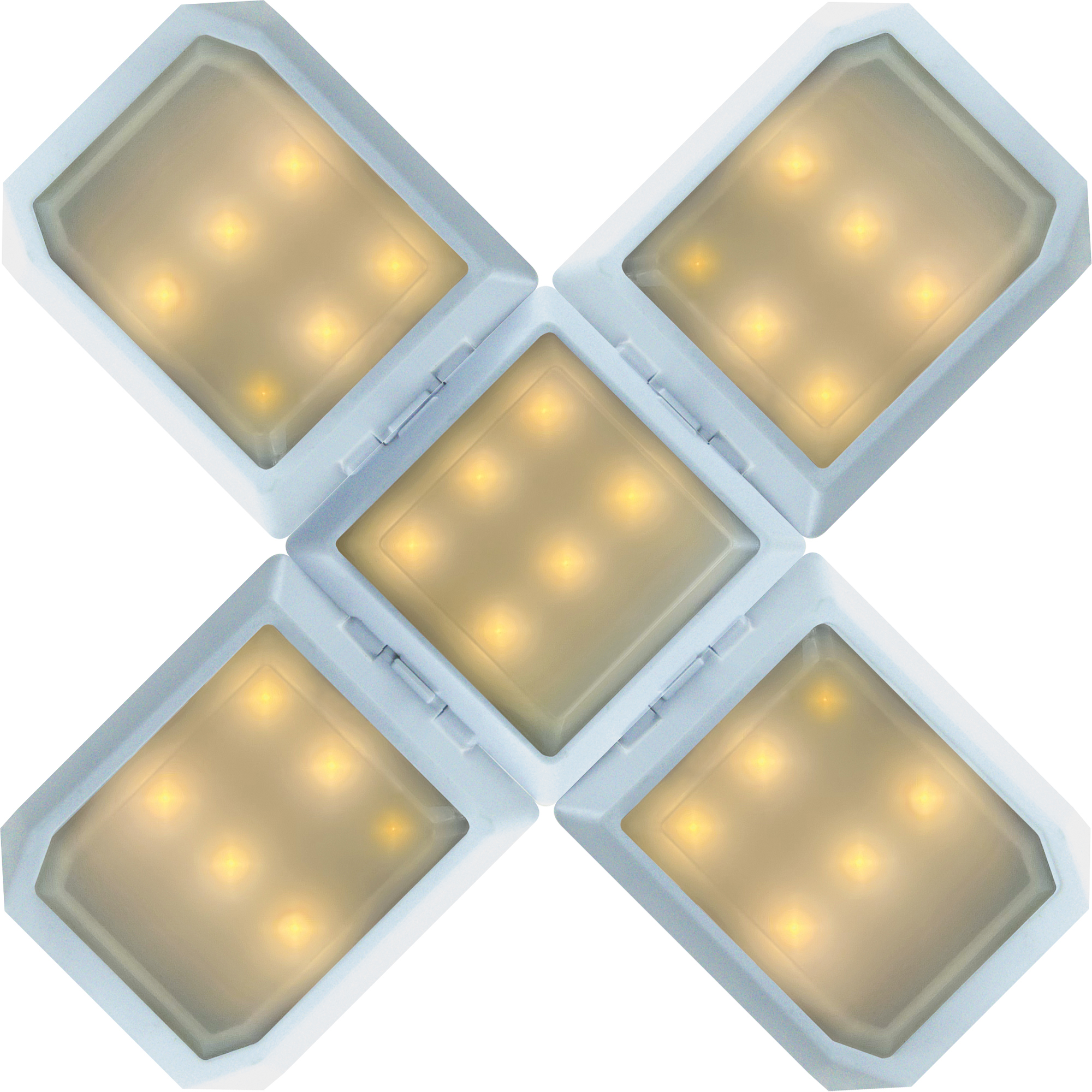 Vier verbundene weiße quadratische Lichter mit kleinen Lichtern im Inneren, kreuzförmig angeordnet.
