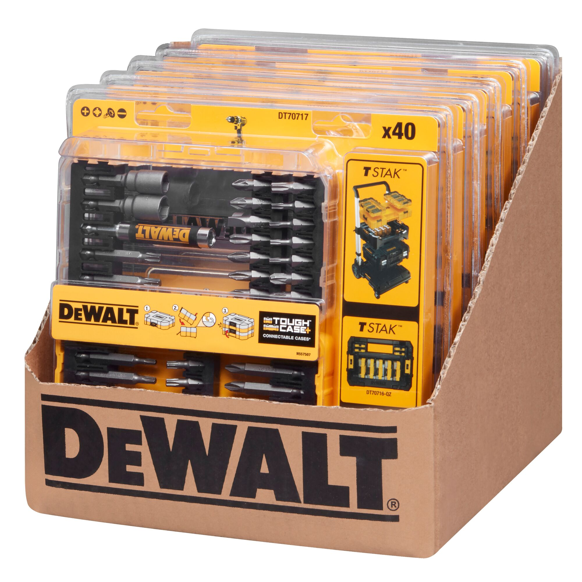 Kiste mit DeWalt-Werkzeugen, verschiedene Bits in transparenten Kunststoffboxen mit gelb-schwarzen Etiketten.