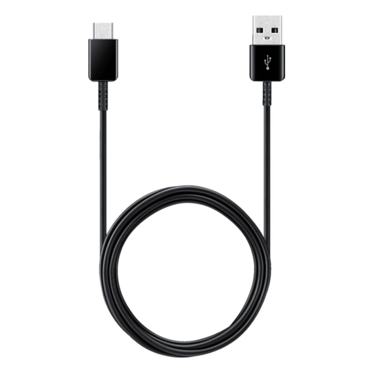 Schwarzes USB-C-auf-USB-A-Kabel mit Anschlüssen an beiden Enden, das eine Schleifenform bildet.
