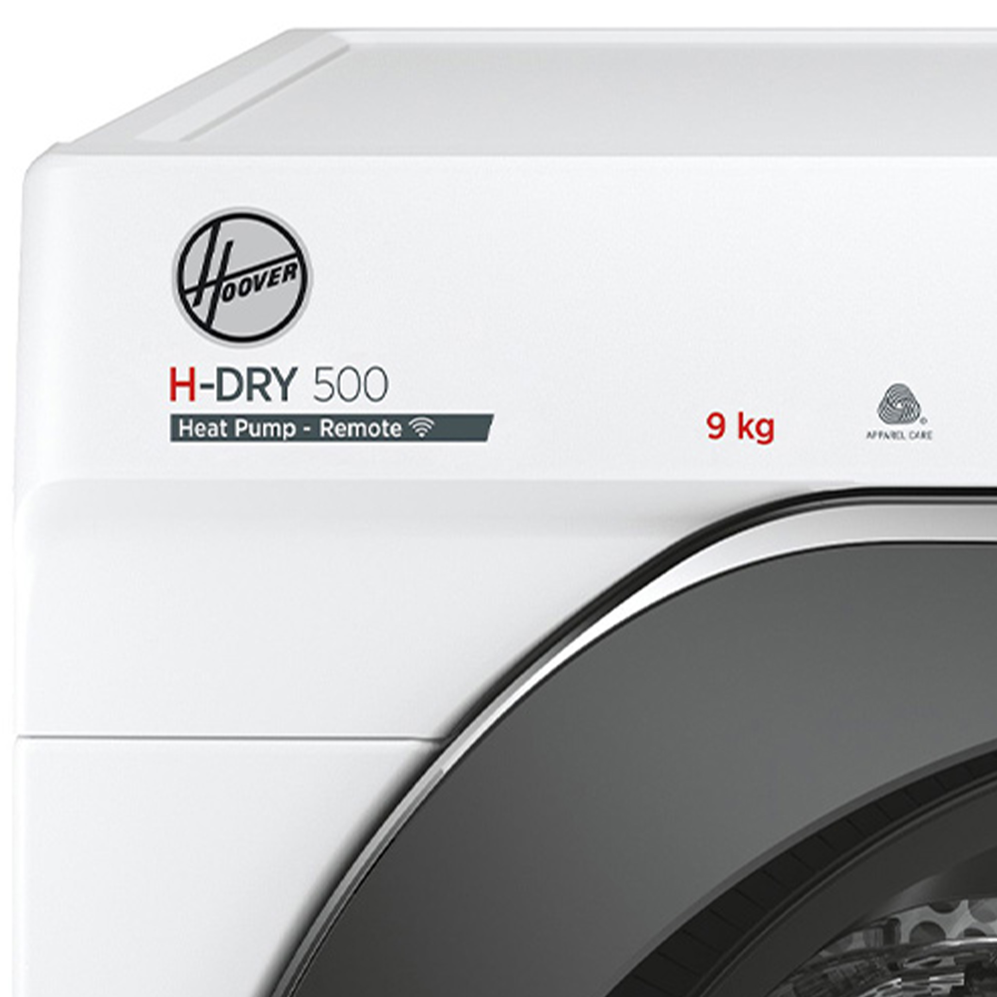Białe drzwi pralki z logo Hoover i innymi szczegółami na białym tle.