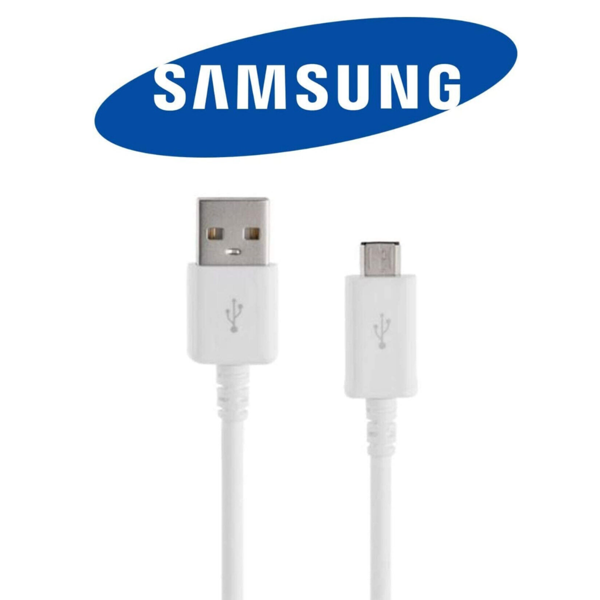 Zwei weiße USB-Ladekabel, eines mit USB und das andere mit Micro-USB, und ein Samsung-Logo.