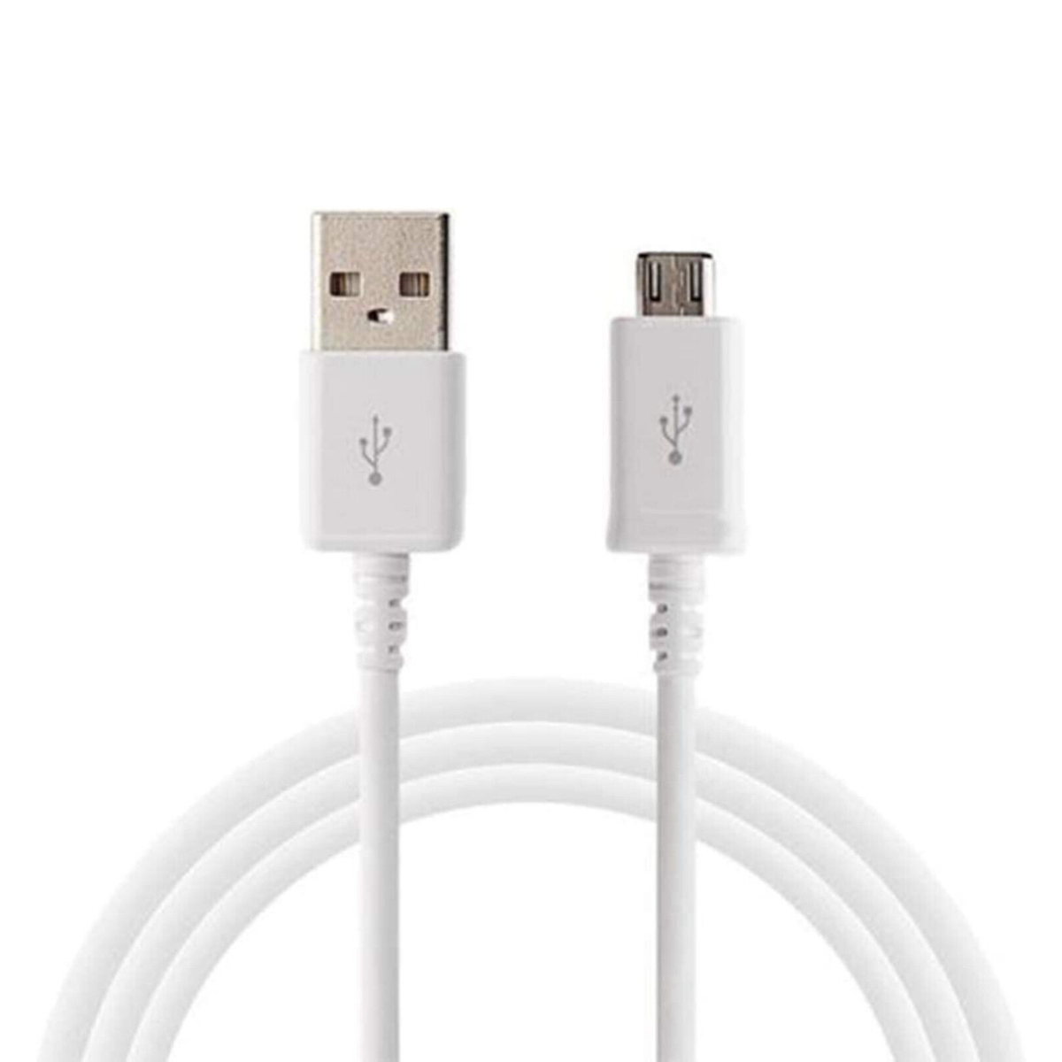 Ein weißes USB-zu-Micro-USB-Kabel. Die USB-Seite befindet sich links, die Micro-USB-Seite rechts.