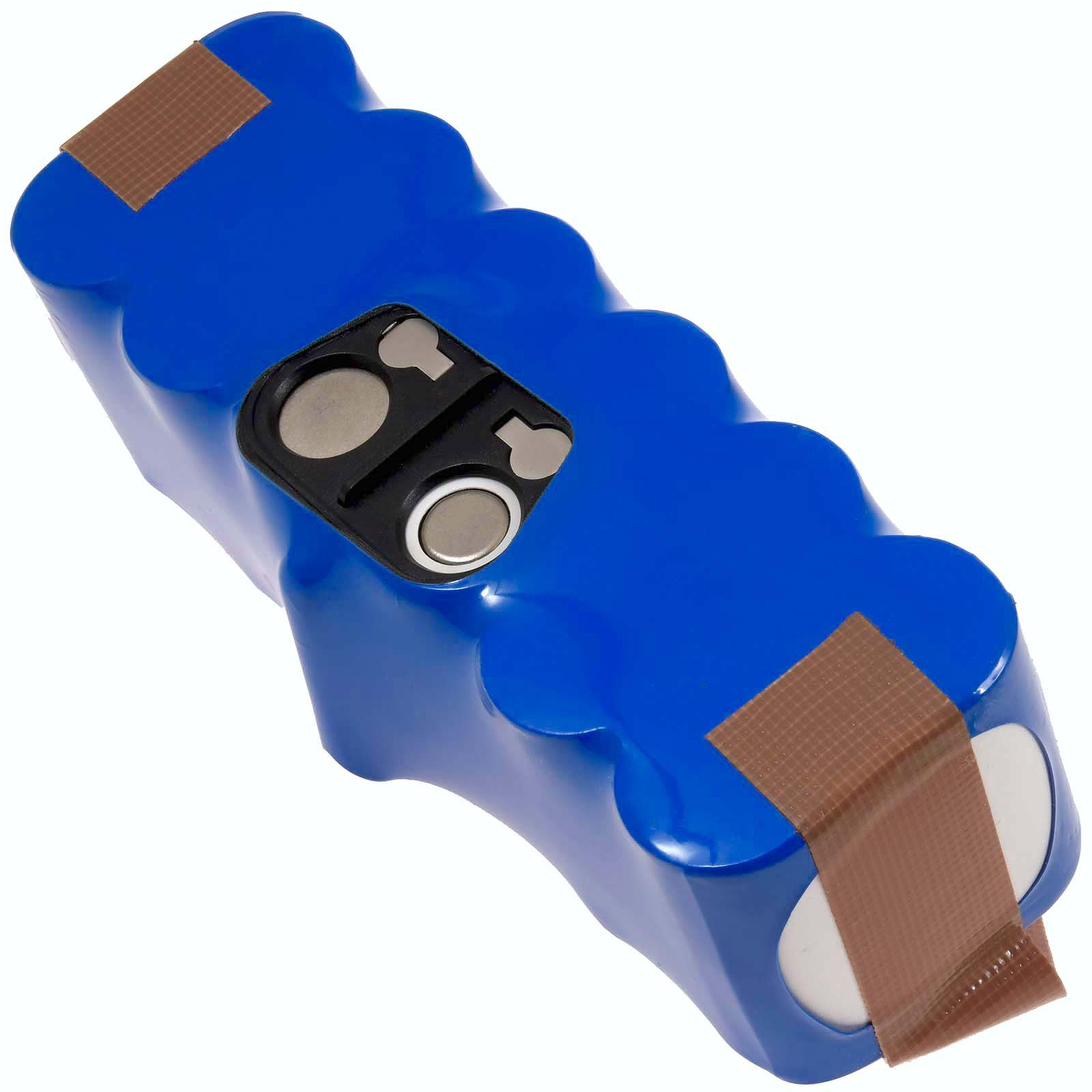 Un paquete de baterías azul con un conector negro y cinta adhesiva marrón.