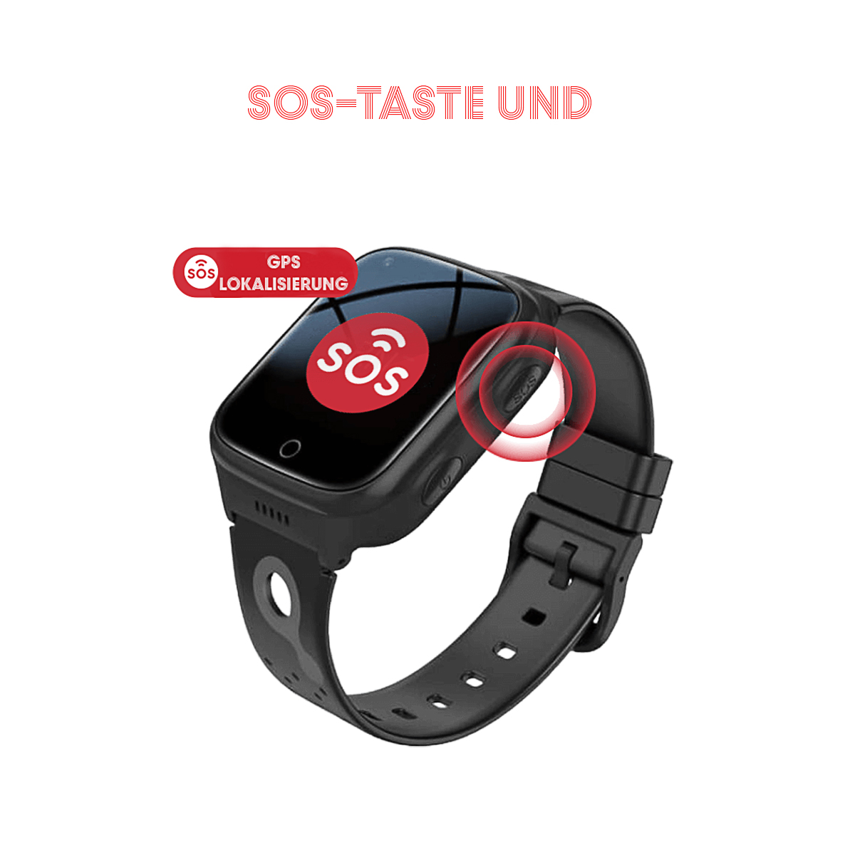 Smartwatch negra con botón SOS y localización GPS.