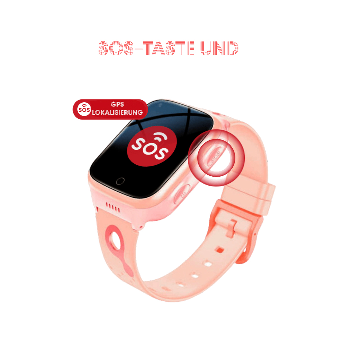 Smartwatch rosa con pulsante SOS e icona e testo SOS evidenziati. Sfondo bianco.
