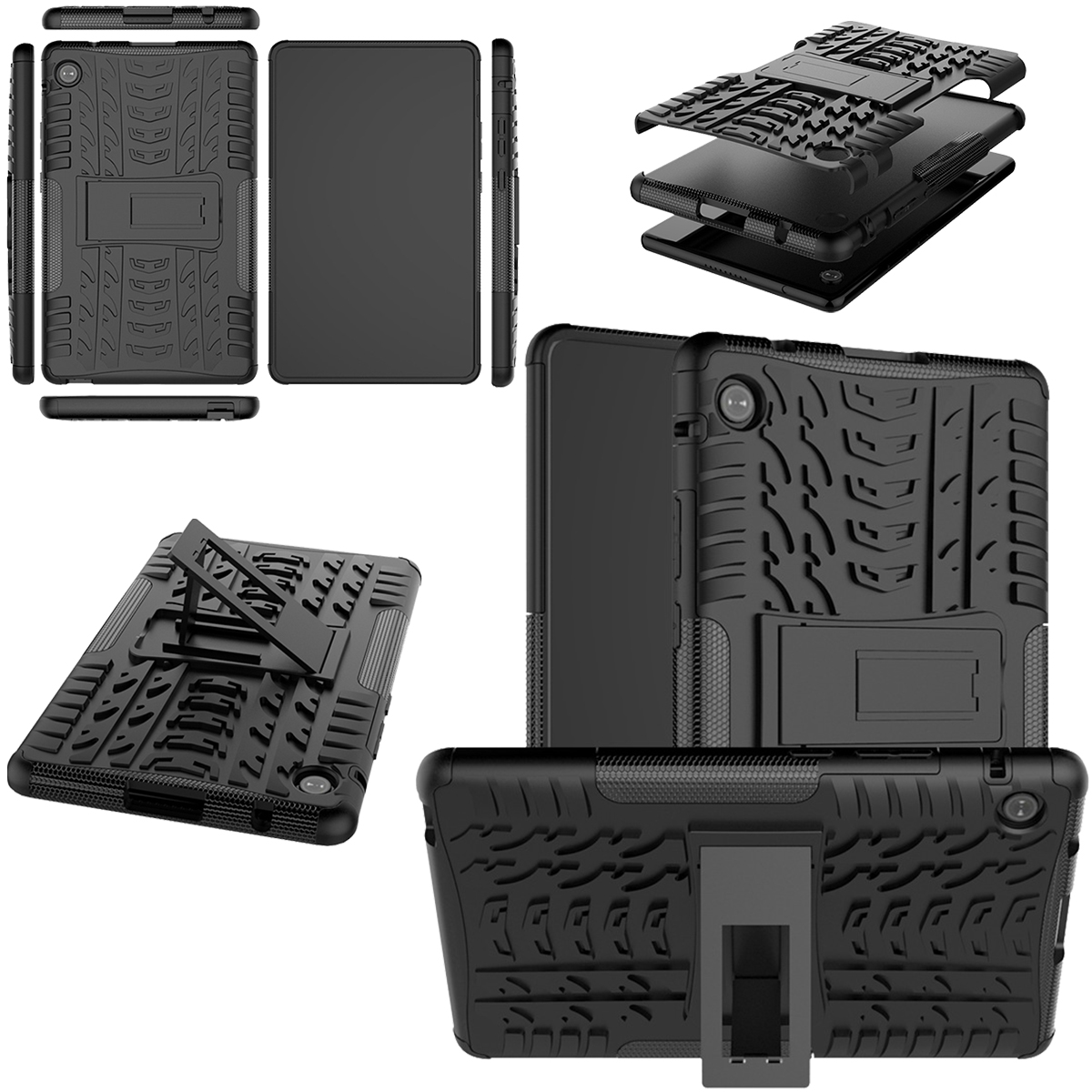 Ein schwarzes Tablet mit robustem Gehäuse, aus mehreren Blickwinkeln dargestellt, zeigt die Merkmale und das Design des Gehäuses.