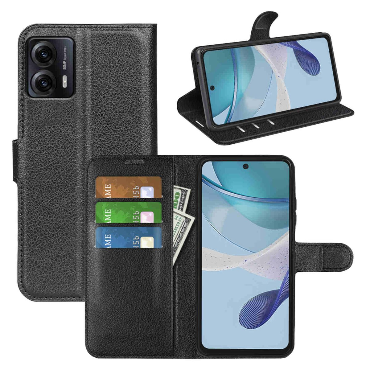 Eine schwarze Handyhülle mit Kartenfächern und Geldfach, mit einem Telefon.