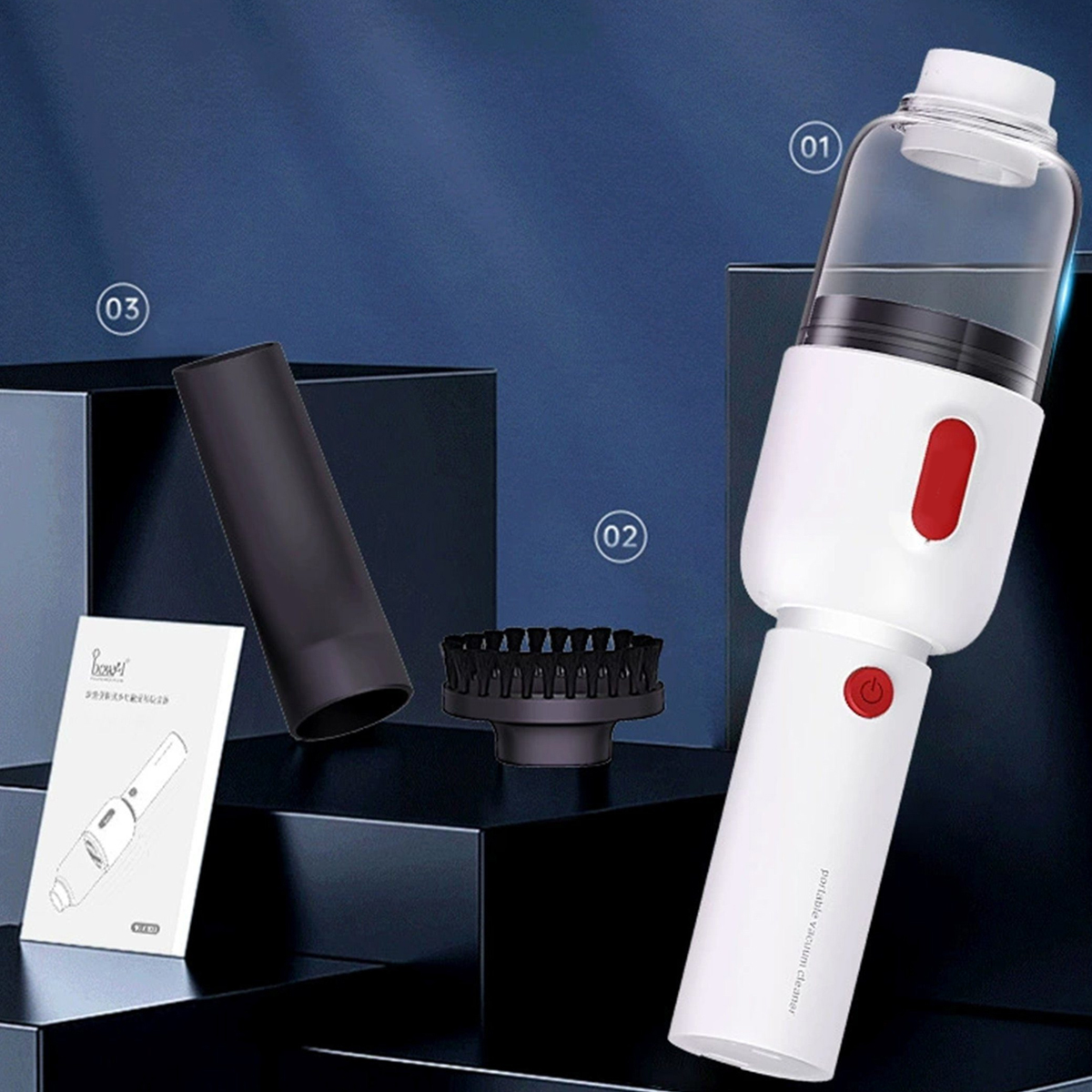 Biały przenośny odkurzacz z akcesoriami i instrukcją. Przedmioty są na ciemnej powierzchni.