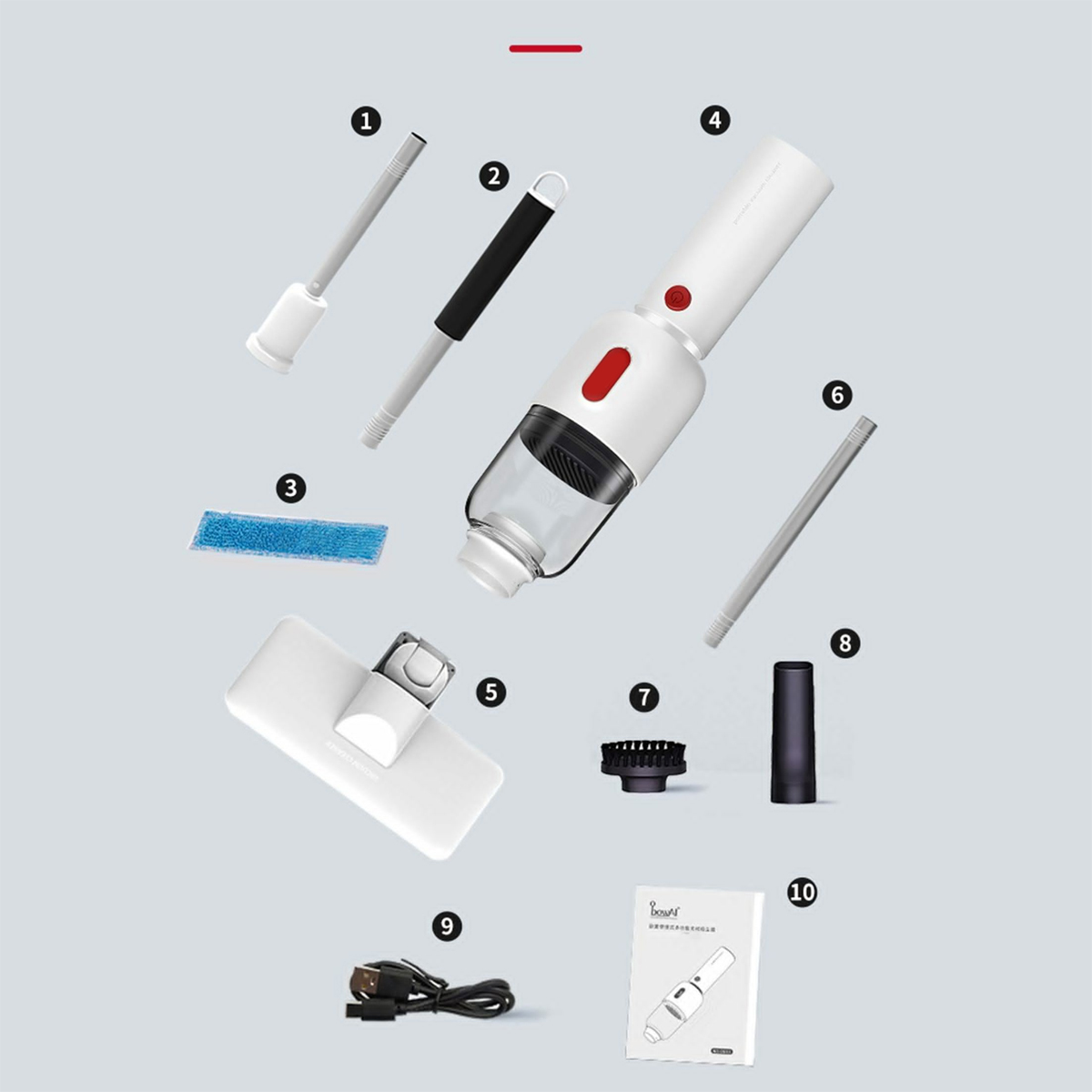 Zestaw części odkurzacza bezprzewodowego. Zawiera akcesoria i ładowarkę.