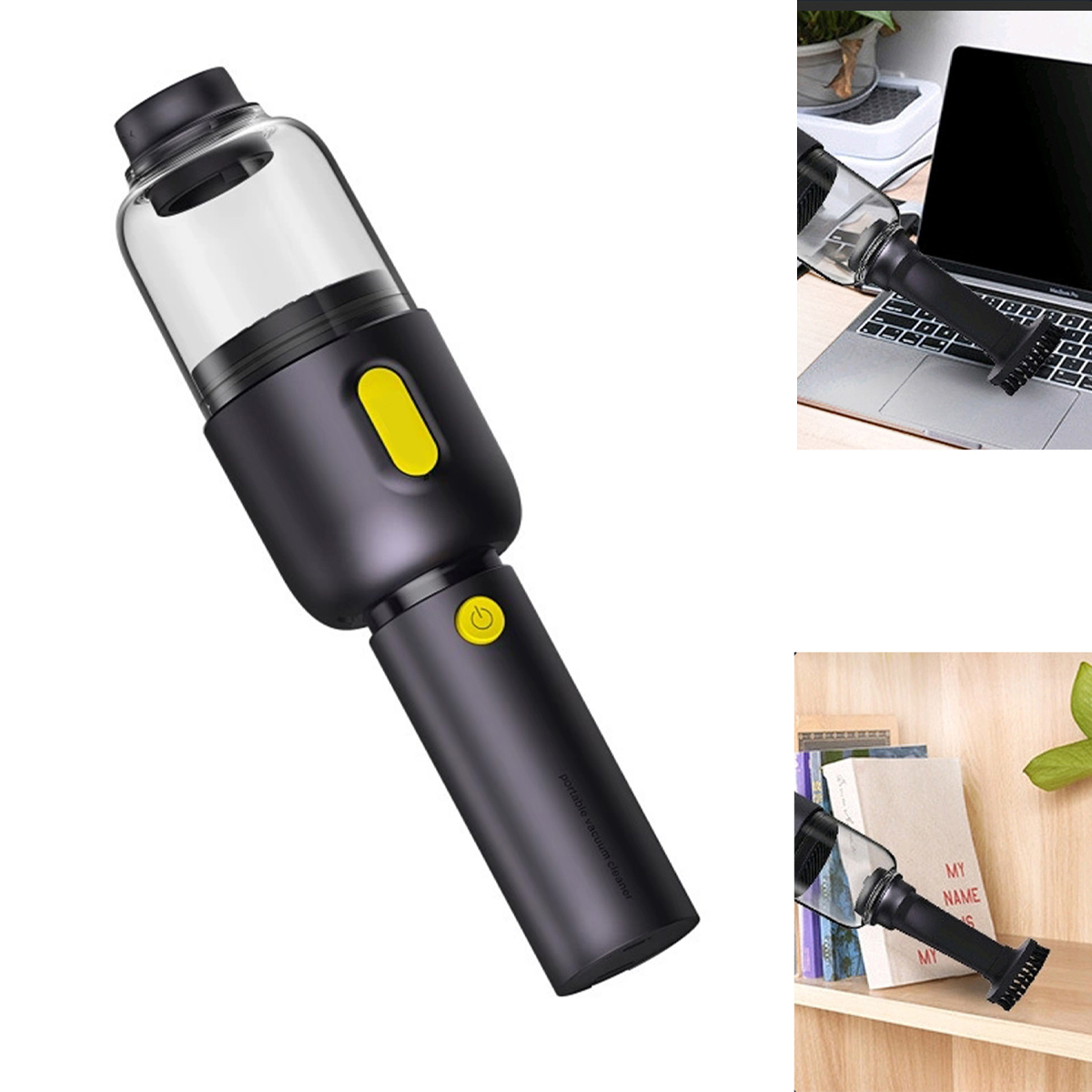 Przenośny odkurzacz z trzema różnymi nasadkami i akcesoriami, białe tło.