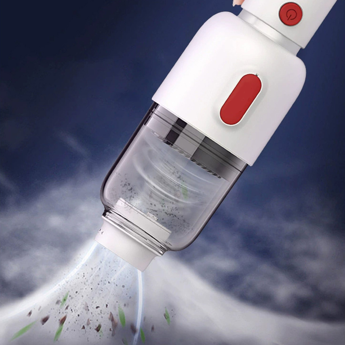 Biało-czerwony odkurzacz ręczny. Czyści powierzchnię, zasysając zanieczyszczenia.