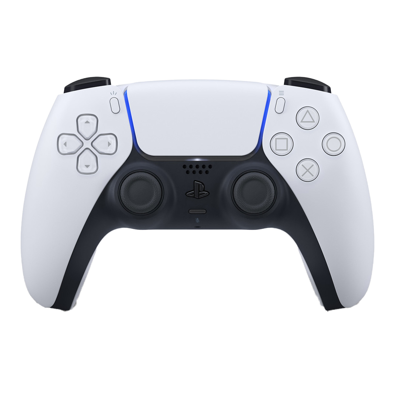 Ein weiß-schwarzer PlayStation 5 Controller mit dem Standard-Tastenlayout.