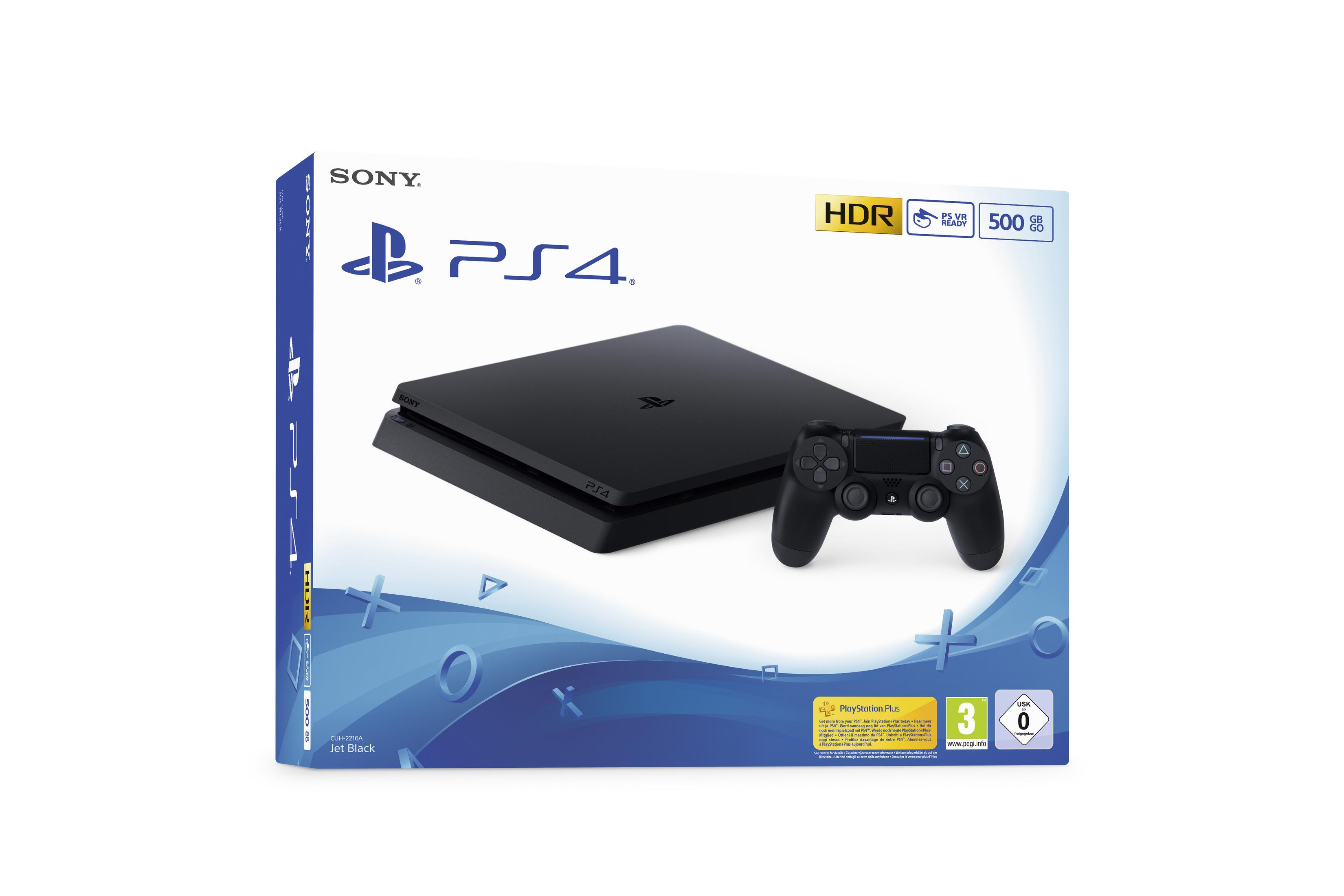 PlayStation 4-Box, schwarze Konsole und Controller auf weißem Hintergrund. Merkmale gezeigt.