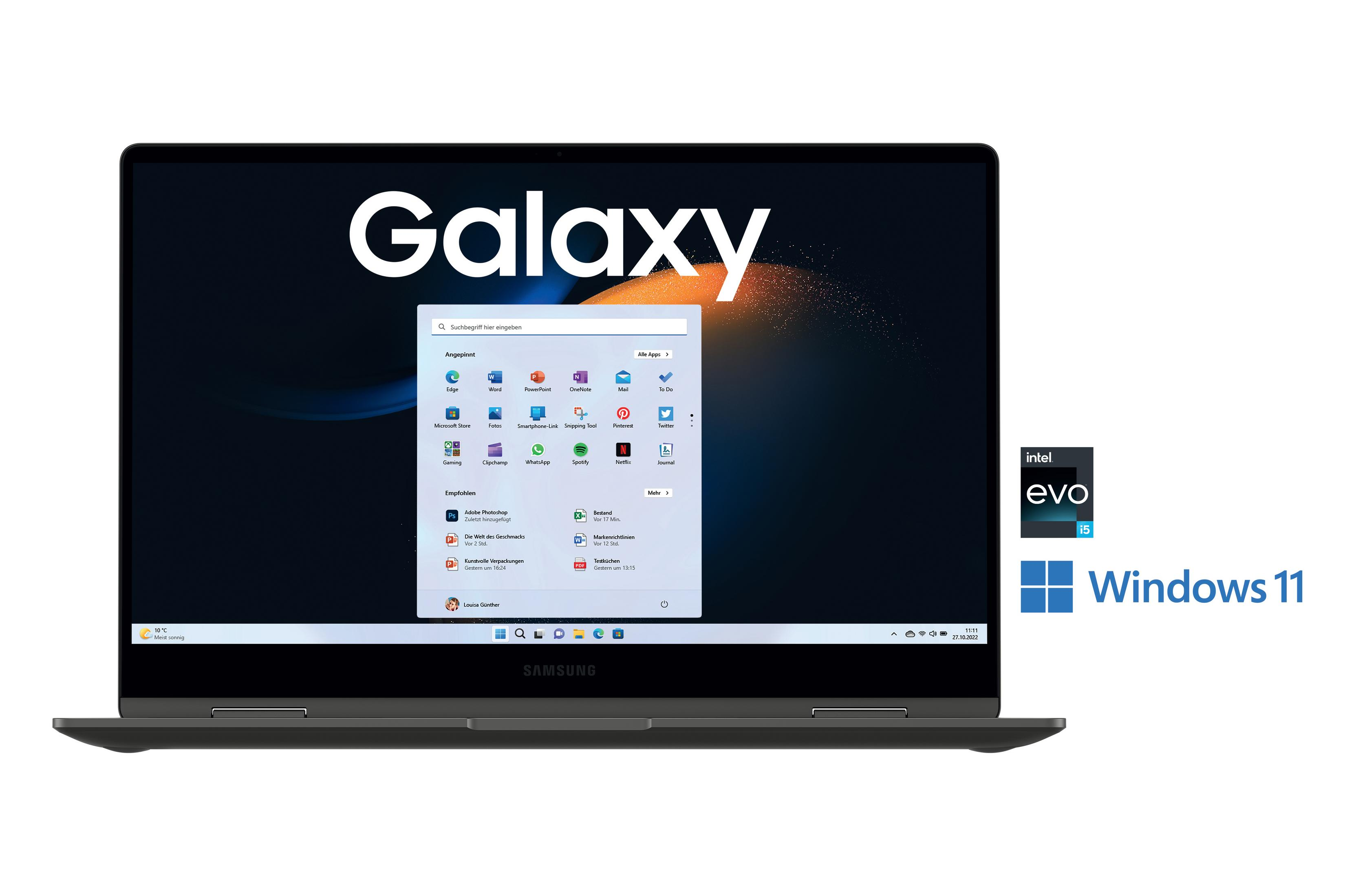 Ein schwarzer Laptop mit dem Wort Galaxy auf dem Bildschirm. Windows 11 Logo.