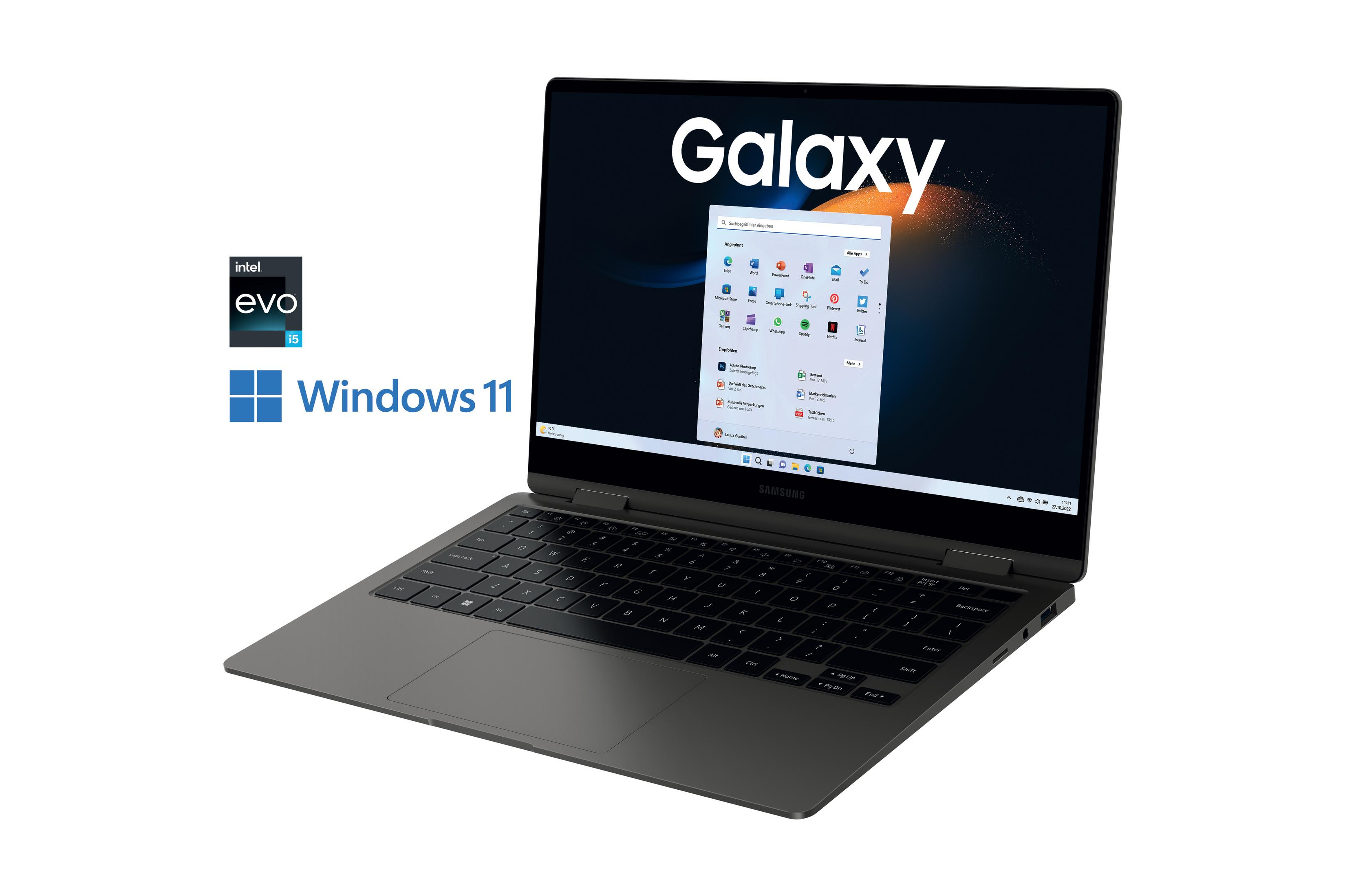 Dunkelgrauer Samsung Galaxy Laptop mit Intel Evo- und Windows 11-Logos, der eine Windows 11-Oberfläche anzeigt.