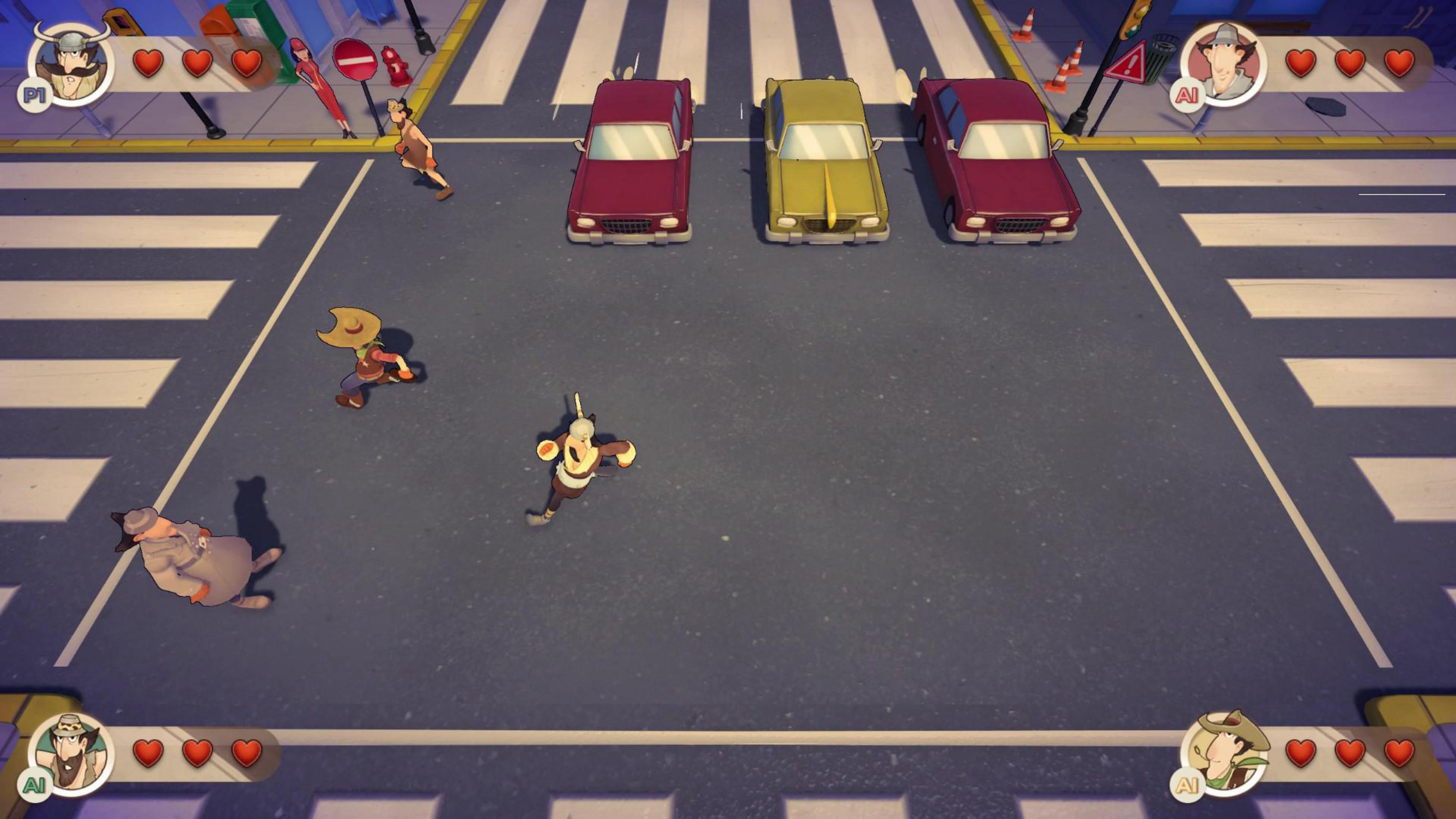 Eine Cartoon-Spielszene mit Charakteren, die über einen Zebrastreifen auf Autos zulaufen, mit Gesundheitsanzeigen.