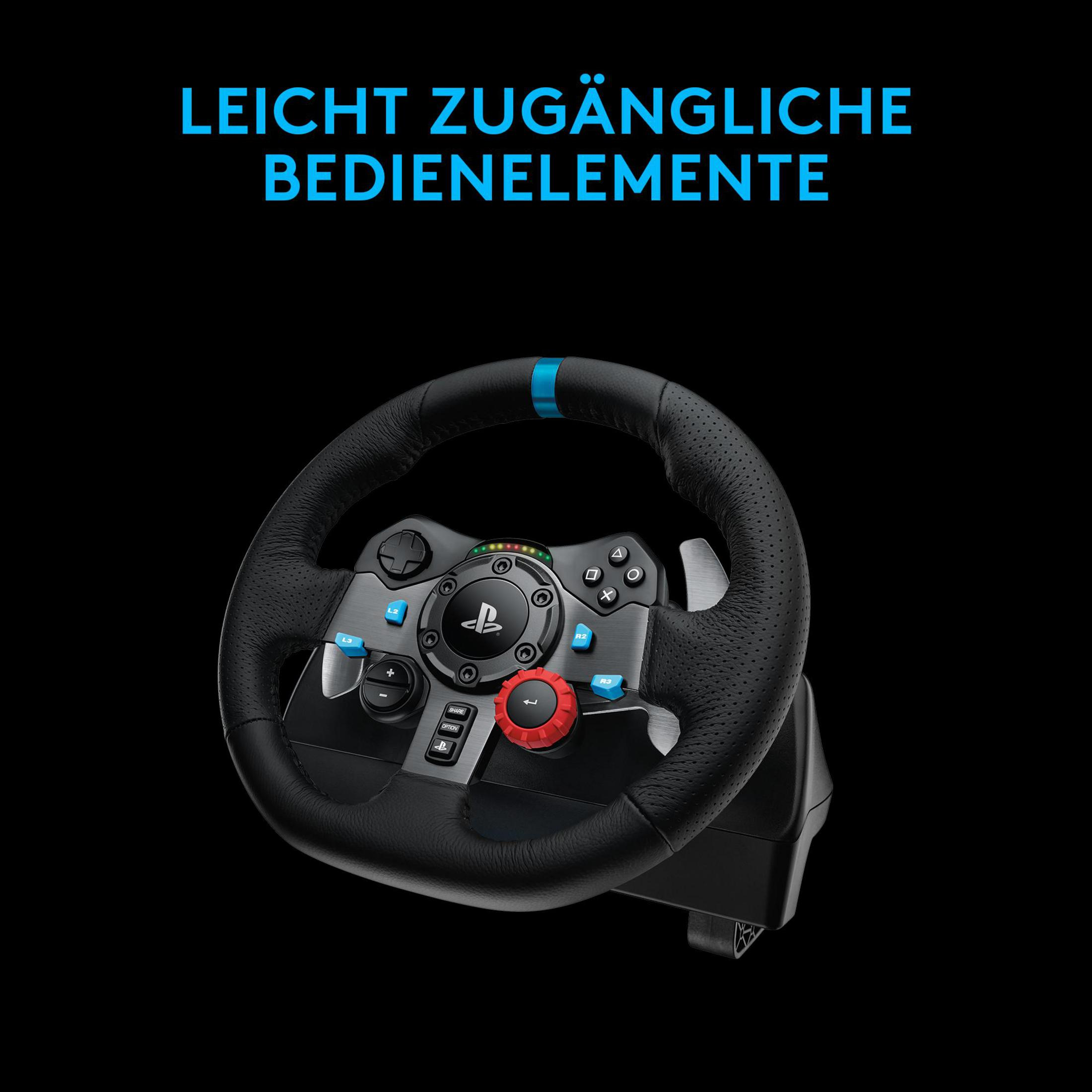 Gaming-Lenkrad mit Knöpfen und blauem Streifen, auf schwarzem Hintergrund.
