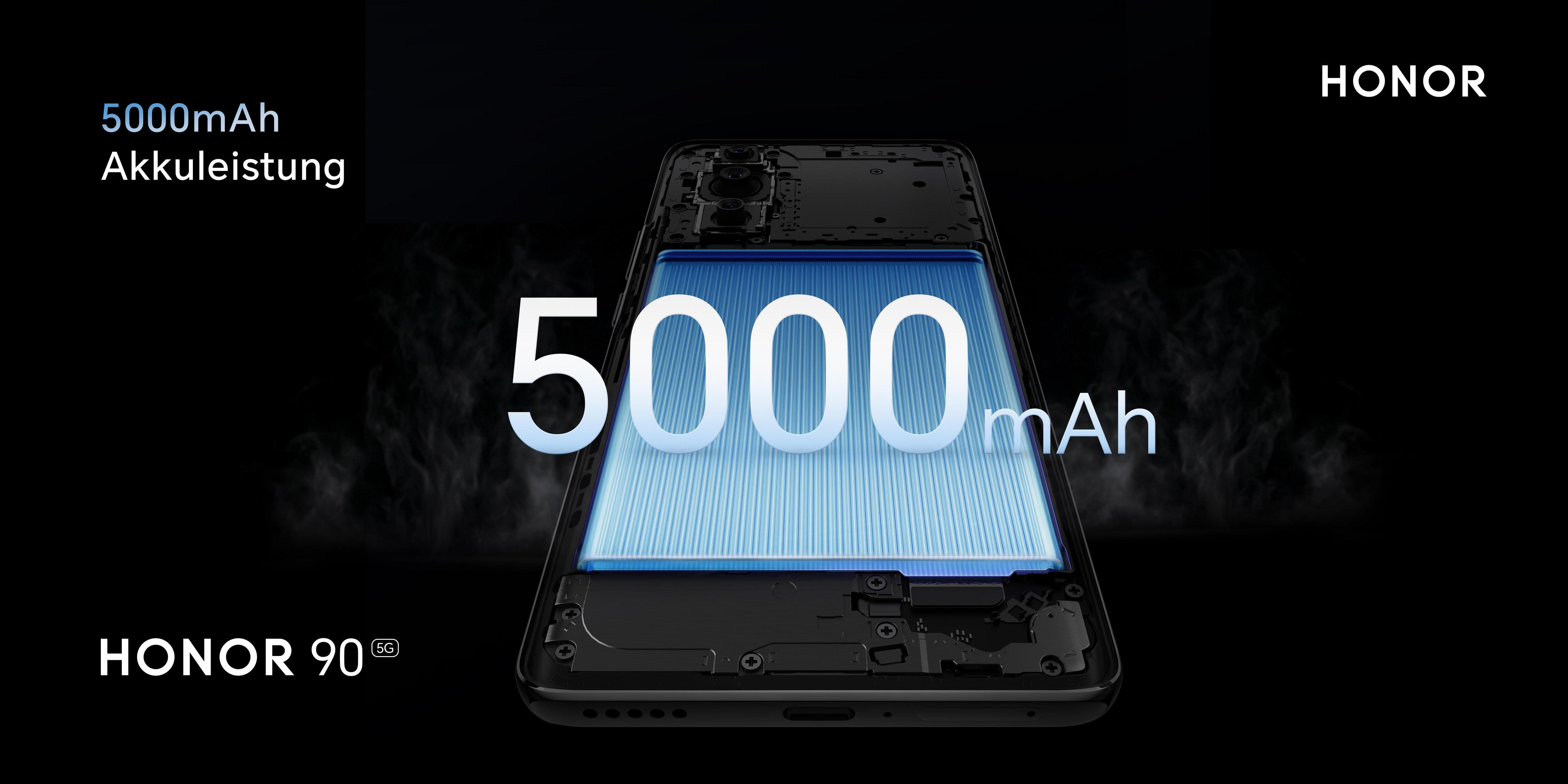 Bateria telefonu z tekstem, pokazująca pojemność 5000 mAh. Logo HONOR u góry.