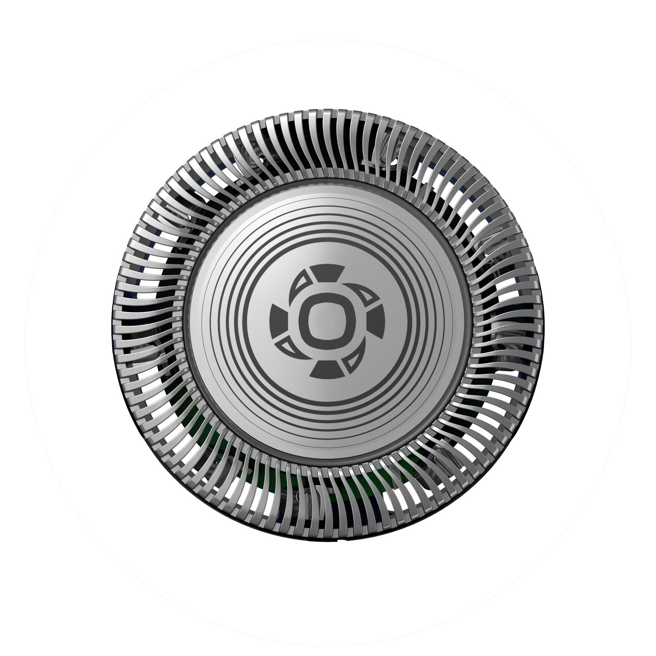 Okrągły metalowy przedmiot o wzorzystej powierzchni, prezentujący centralne logo na białym tle.