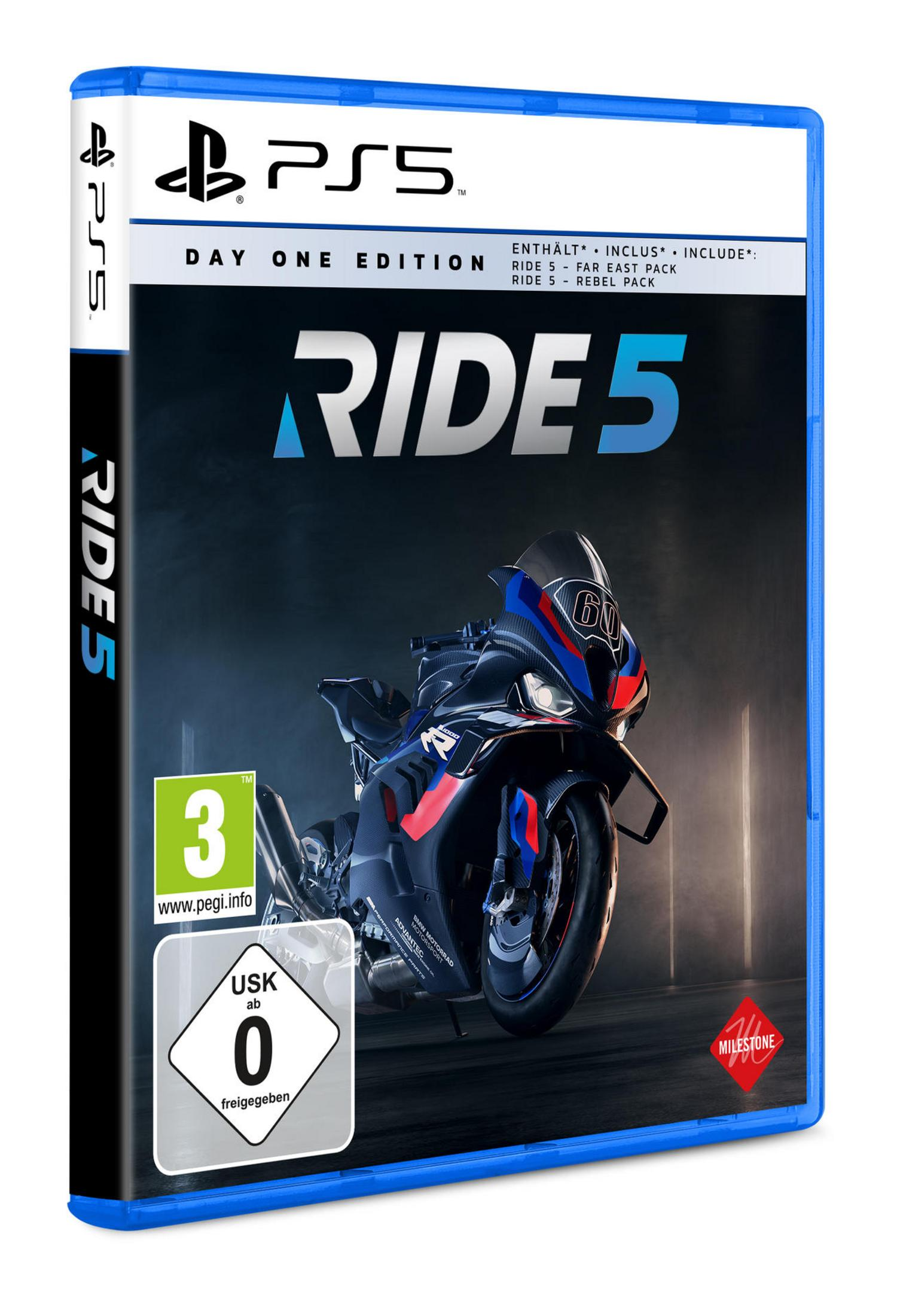 PS5-Spielbox für RIDE 5: Day One Edition, mit einem Motorrad auf dem Cover und PEGI-Einstufung.