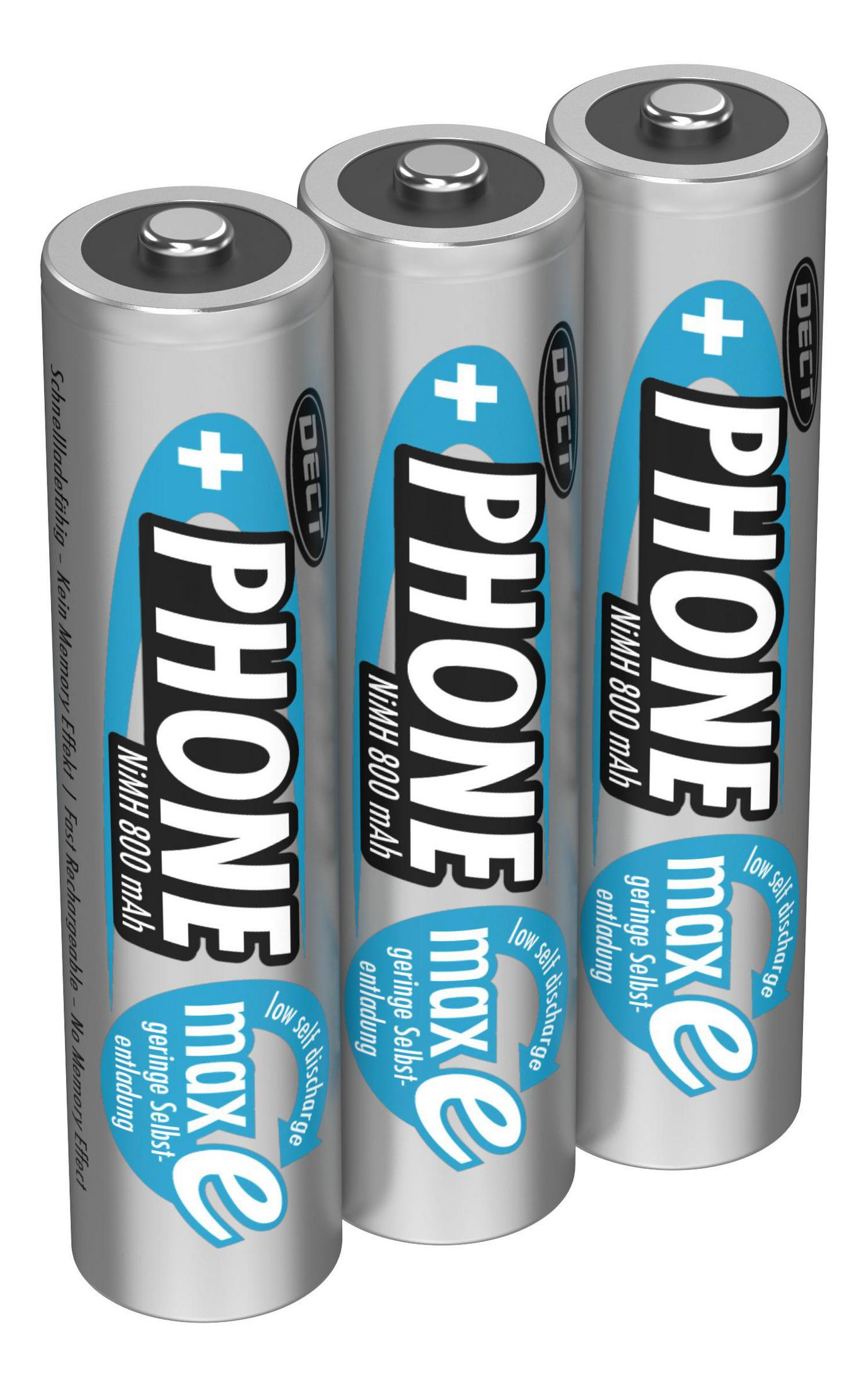 Drei silberne Batterien mit blau-weißen Etiketten, die 'PHONE max e' lesen.