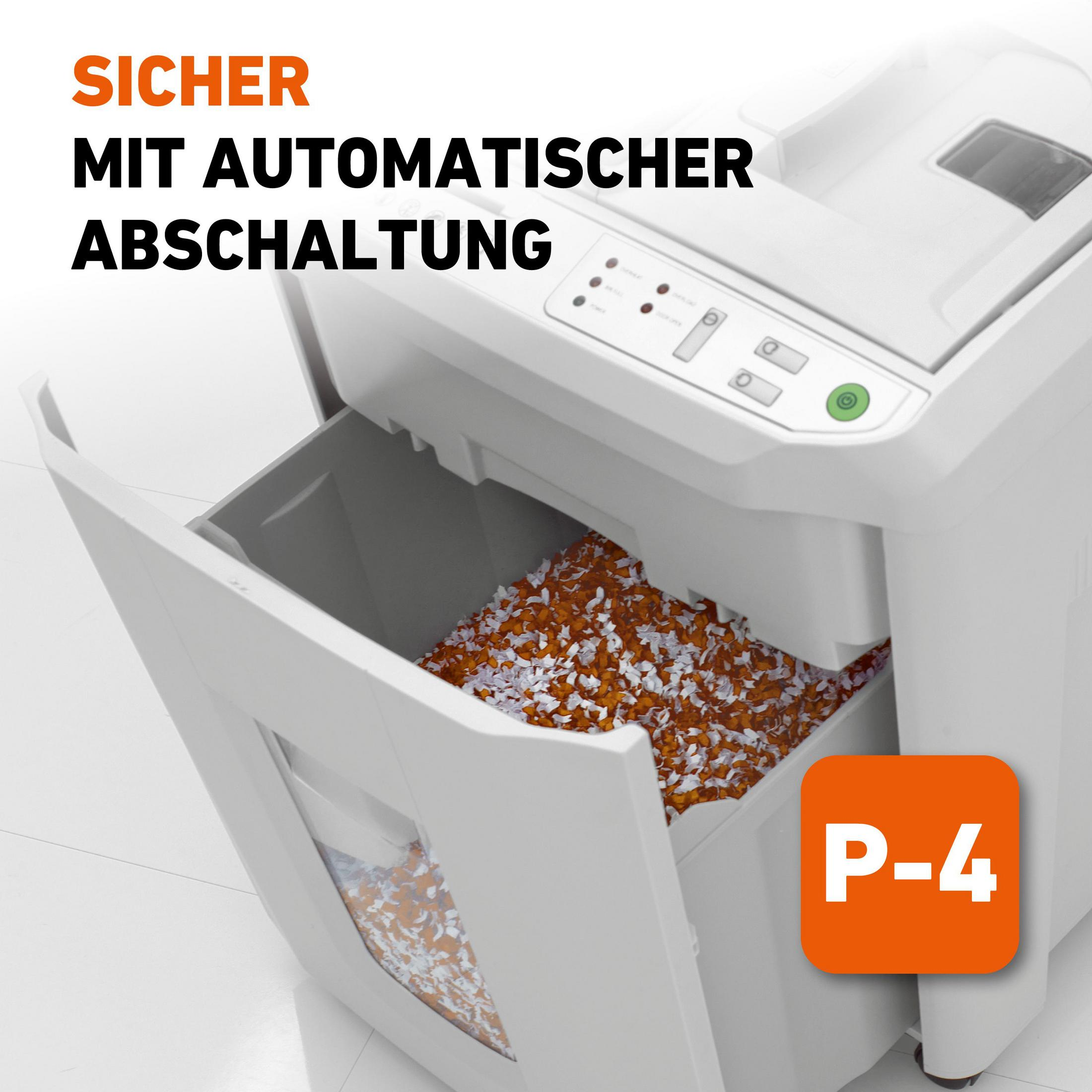 Aktenvernichter mit offenem Behälter, gefüllt mit geschreddertem Papier. Text: SICHER MIT AUTOMATISCHER ABSCHALTUNG. P-4.