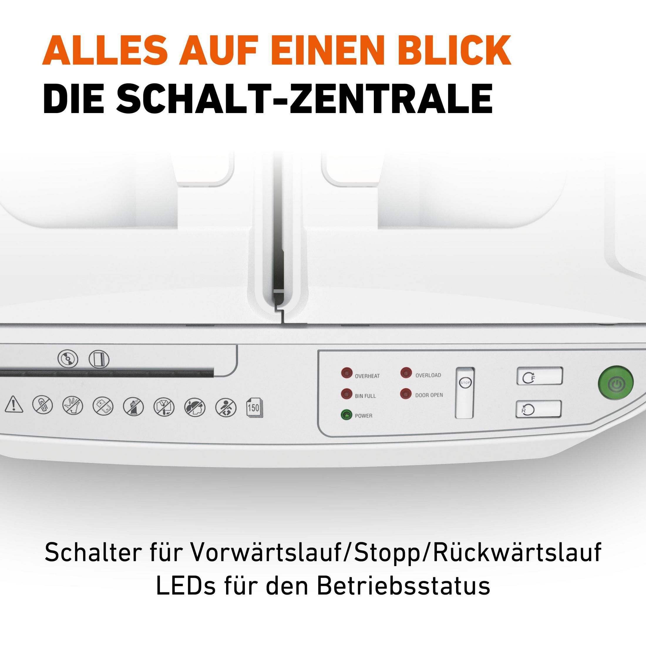 Weißes Bedienfeld mit mehreren Tasten und Lichtern. Deutscher Text. Power, Überhitzung und Behälter voll.