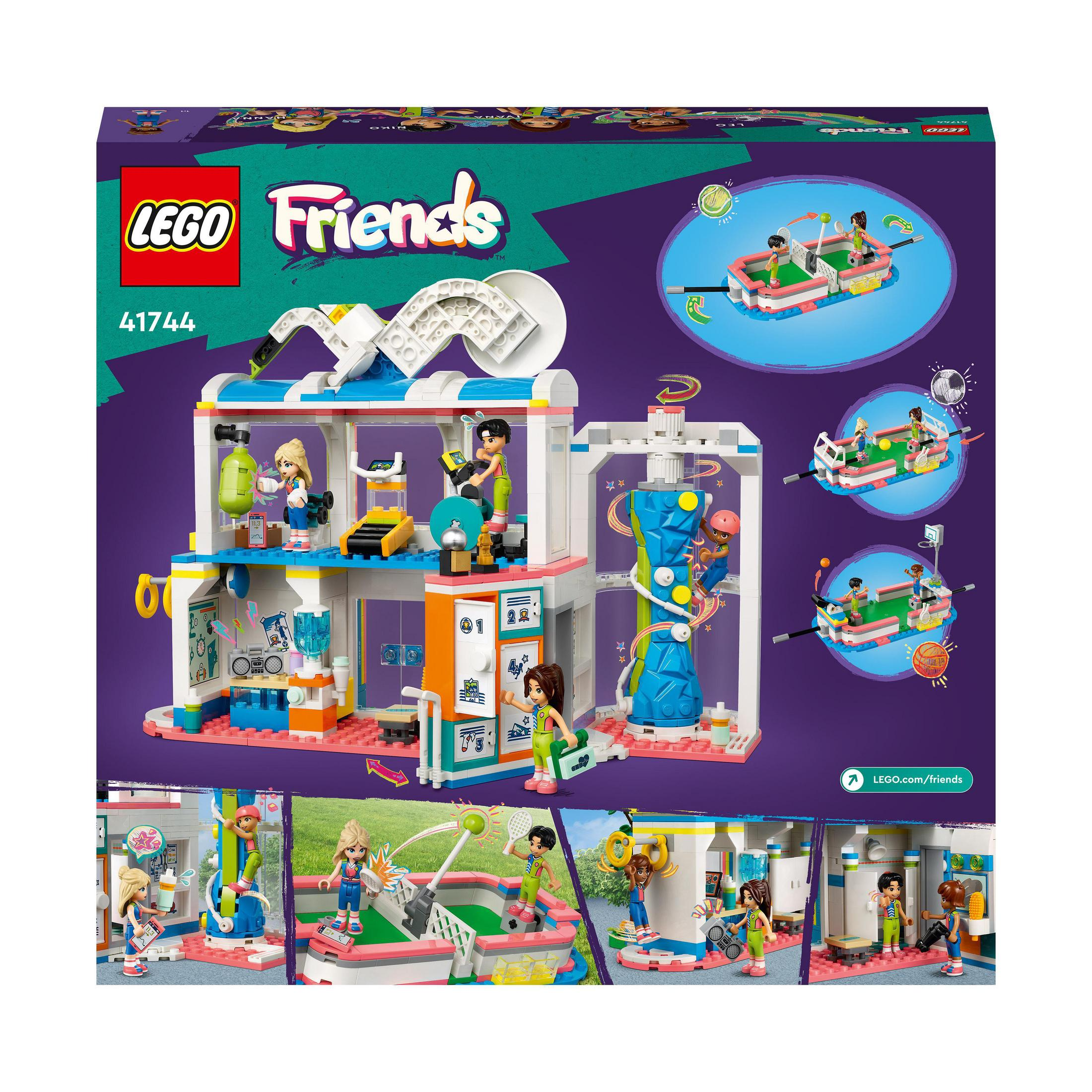 Pudełko zestawu Lego Friends z budynkiem i różnymi scenami wykorzystania zestawu Lego.