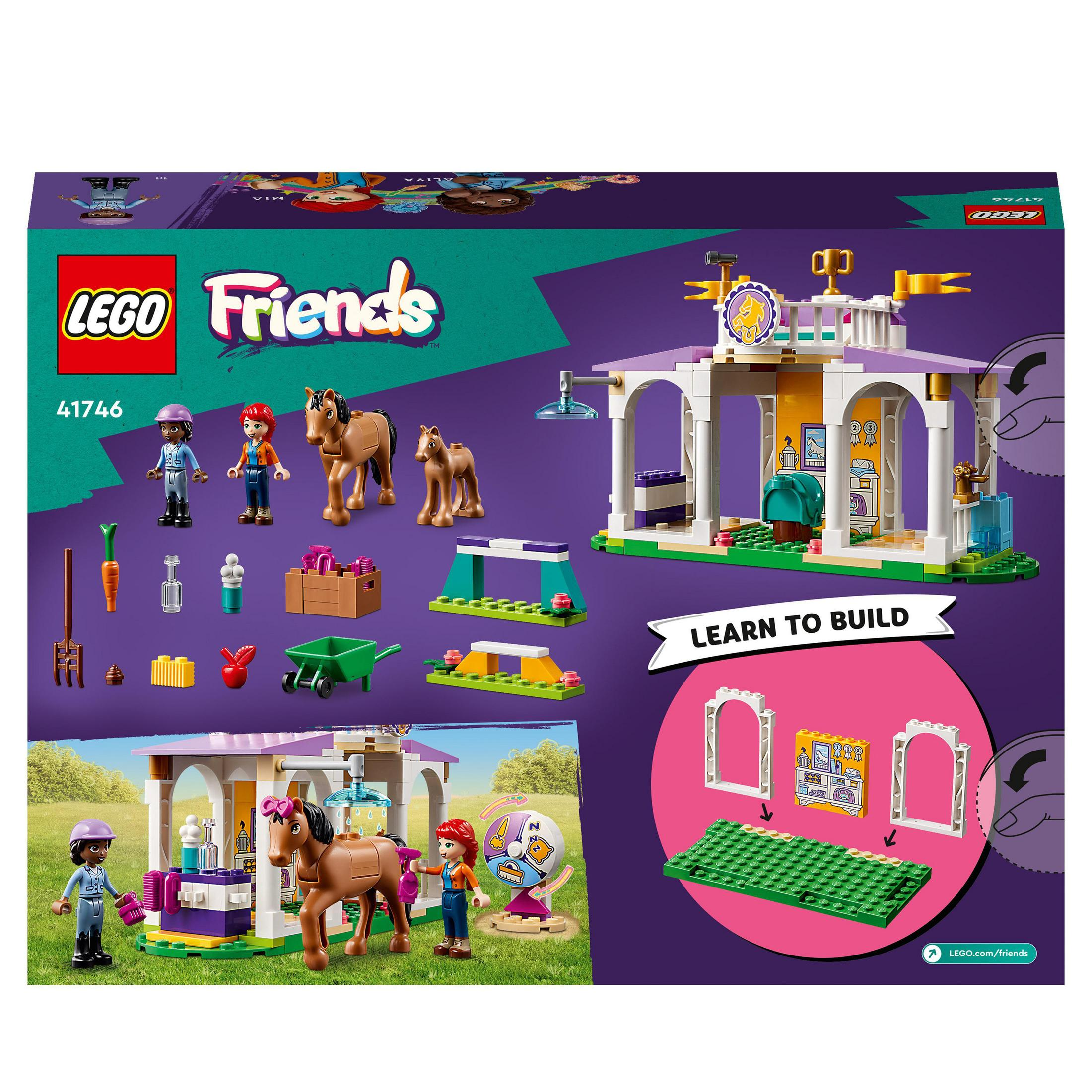 Lego Friends-Box-Set. Ein Pferdestall und Figuren mit Zubehör werden gezeigt. Lila und weißer Hintergrund.