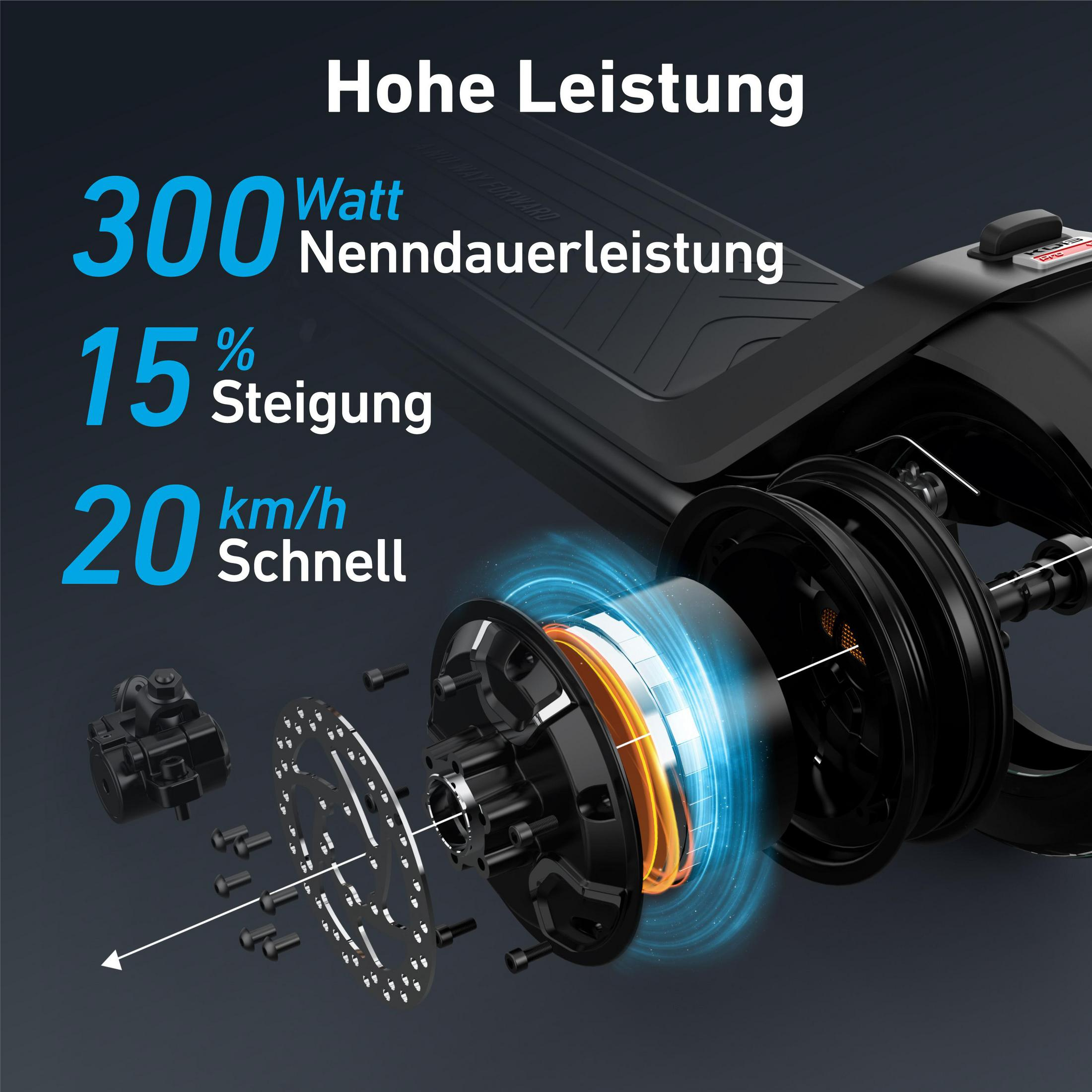 Eine Explosionsdarstellung eines E-Scooter-Rads, die Komponenten zeigt und mit Spezifikationen beschriftet ist.