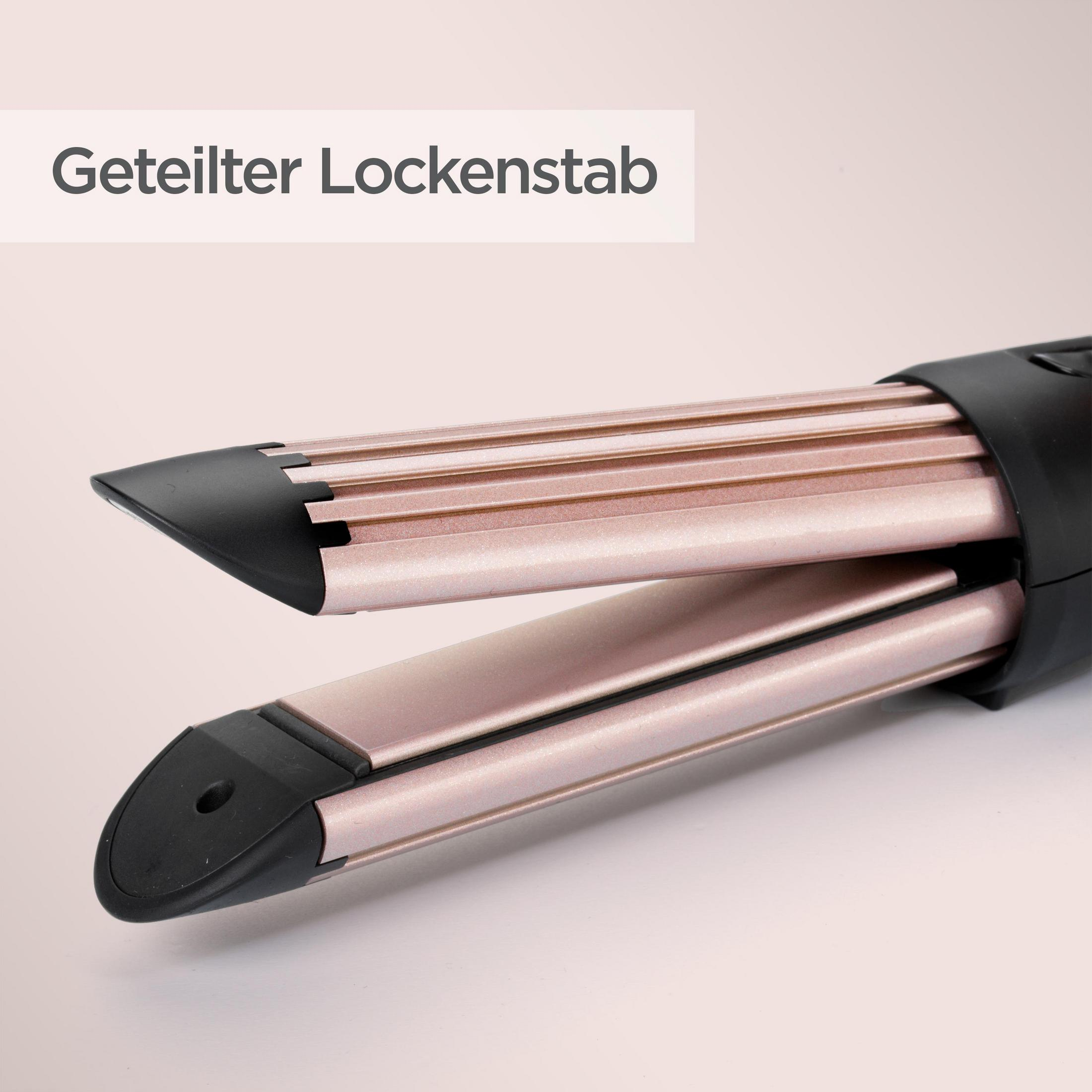 Haarcurler mit schwarzen Griffen und roségoldenen Heizplatten. Text: Geteilter Lockenstab.