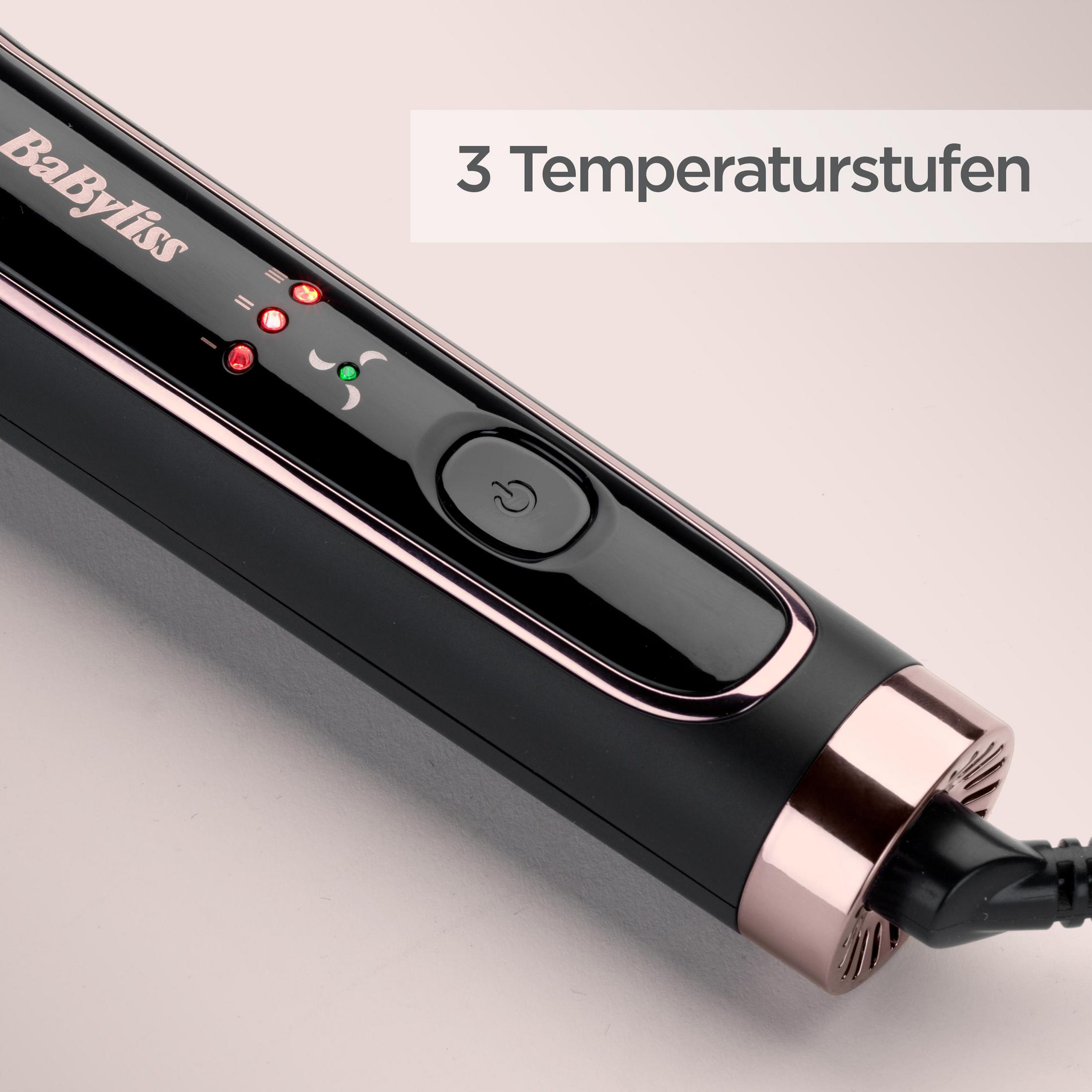 Nahaufnahme eines schwarzen Haarstyling-Tools mit roségoldenen Akzenten und Leistungs- und Temperatureinstellungen.