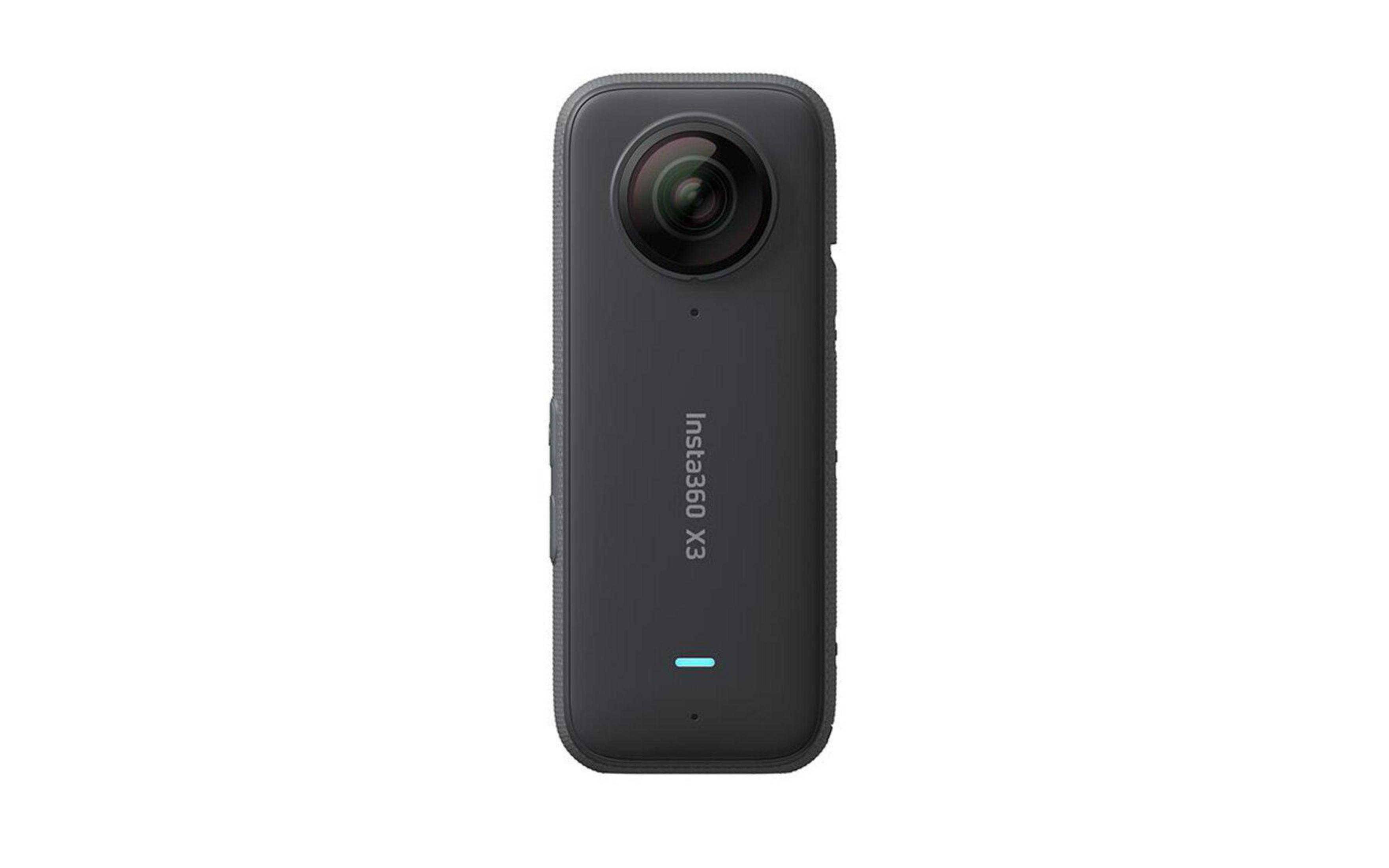Eine schwarze Insta360 X3 Kamera, eine zylindrische Kamera mit je einer Linse auf jeder Seite.