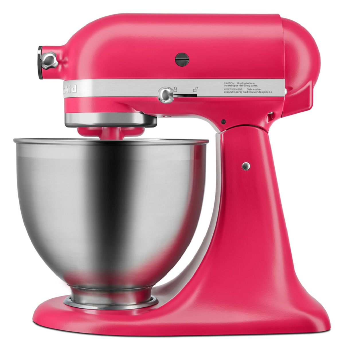 Ein pinkfarbener KitchenAid-Küchenmixer mit Edelstahlschüssel auf weißem Grund.