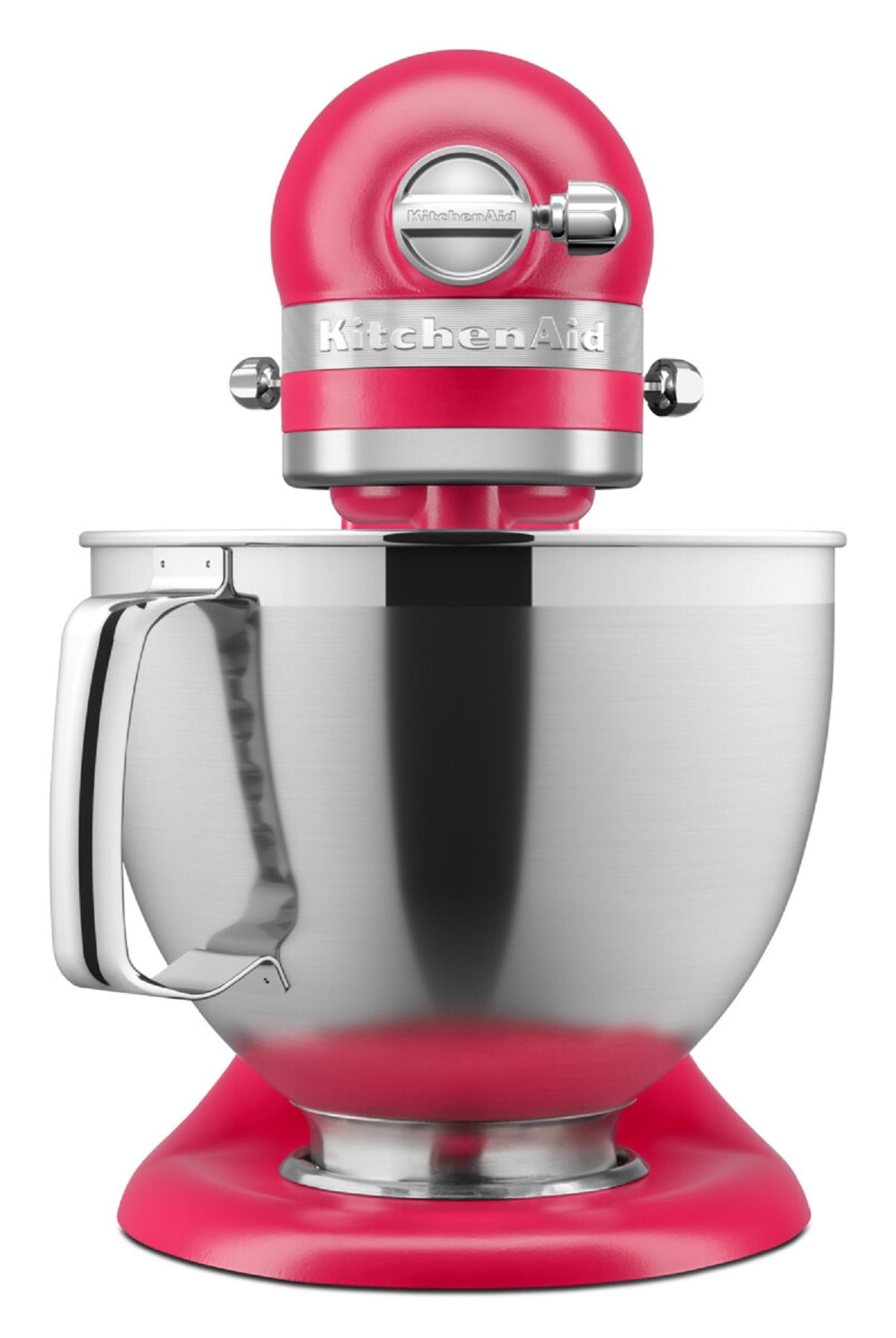 Ein pinkfarbener KitchenAid-Küchenmixer. Er steht auf weißem Hintergrund und besteht aus Metall und Kunststoff.