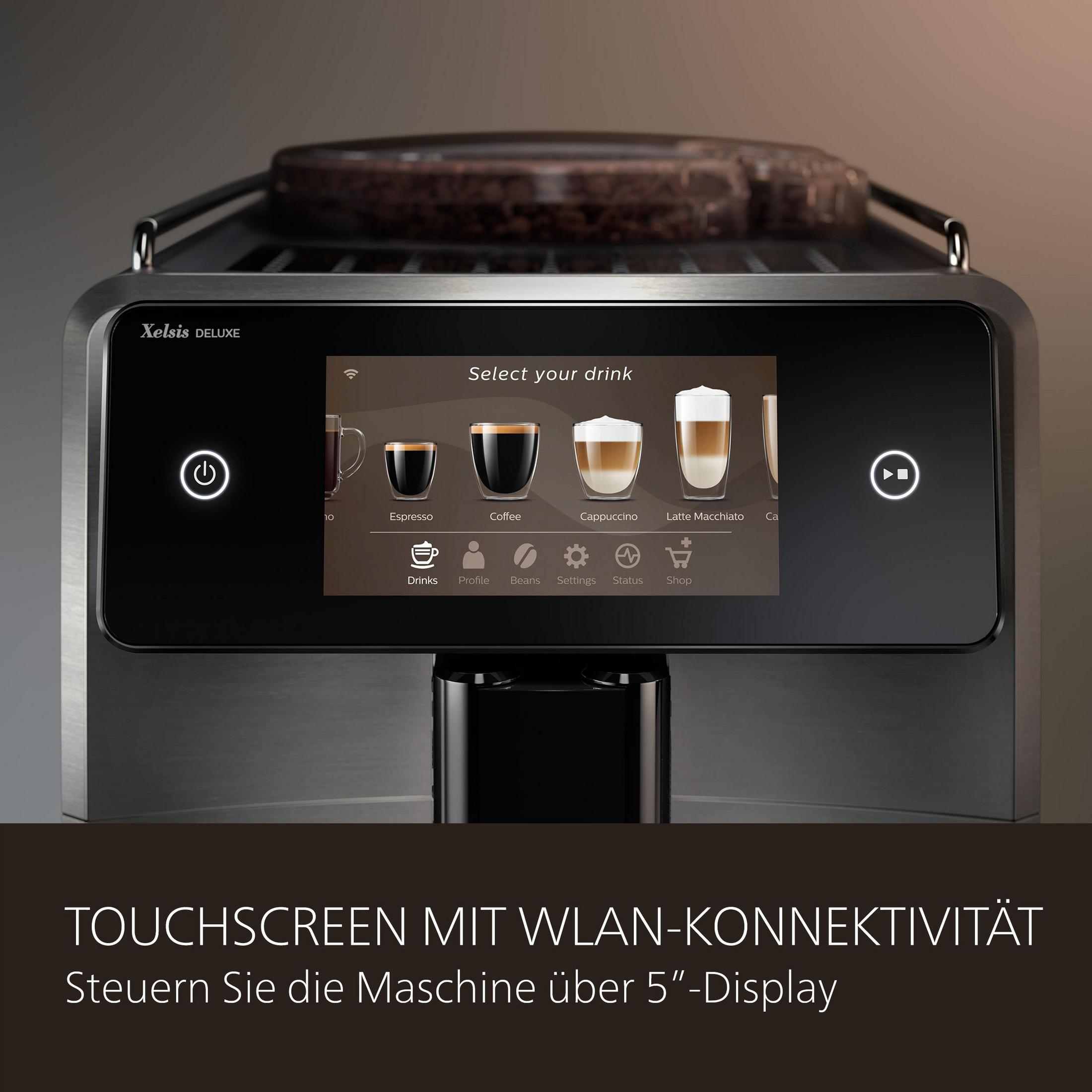 Kaffeemaschine mit Touchscreen, verschiedene Getränkeoptionen. Schwarz und Silber.